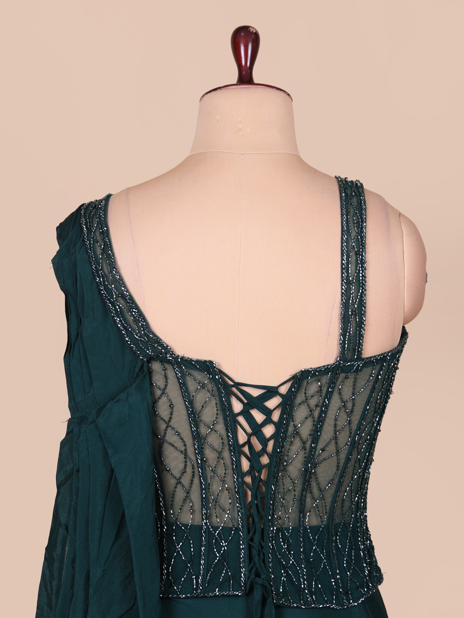 Dark Green Forest Aura Chinon Indo-Western With Beads Handwork