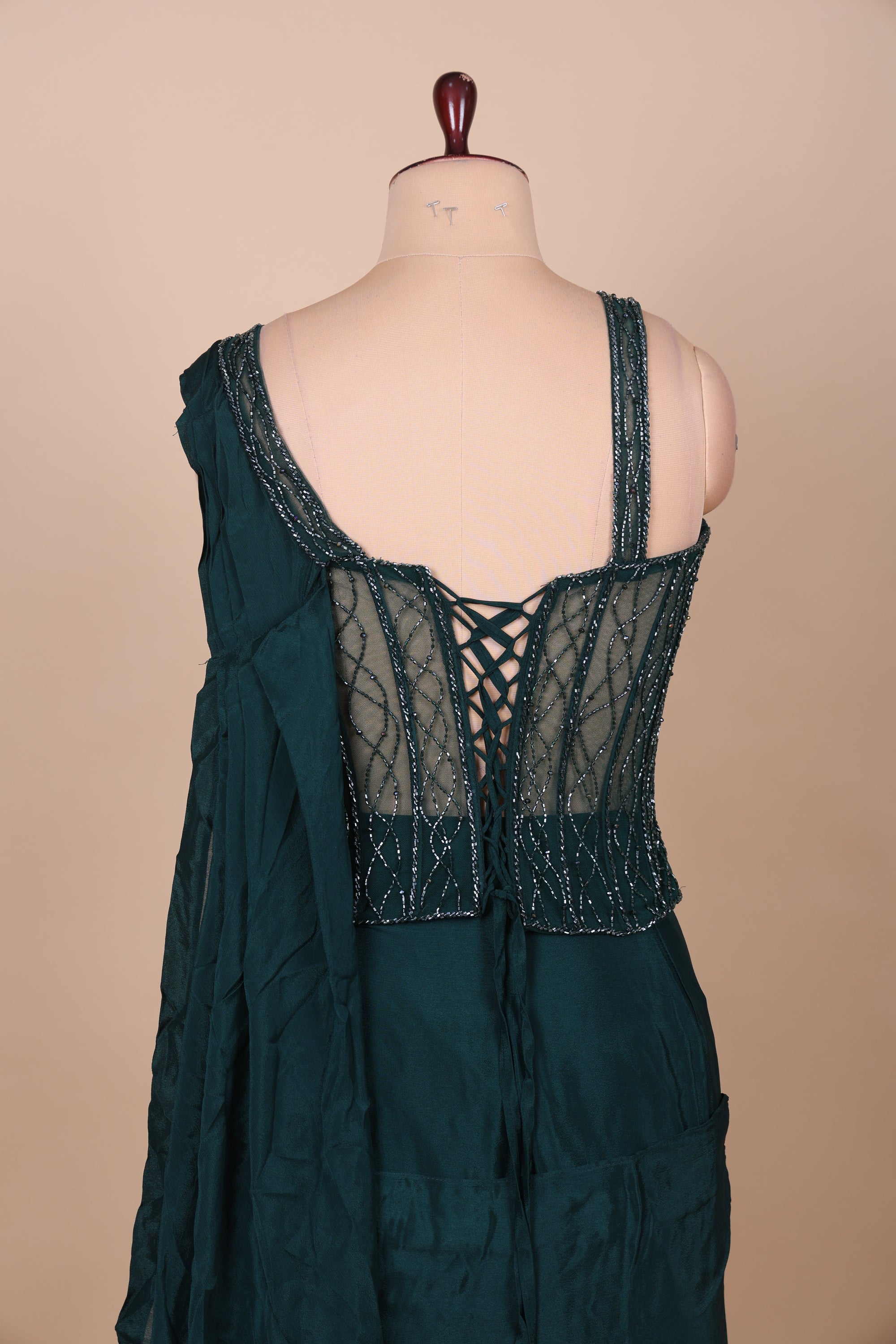 Dark Green Forest Aura Chinon Indo-Western With Beads Handwork