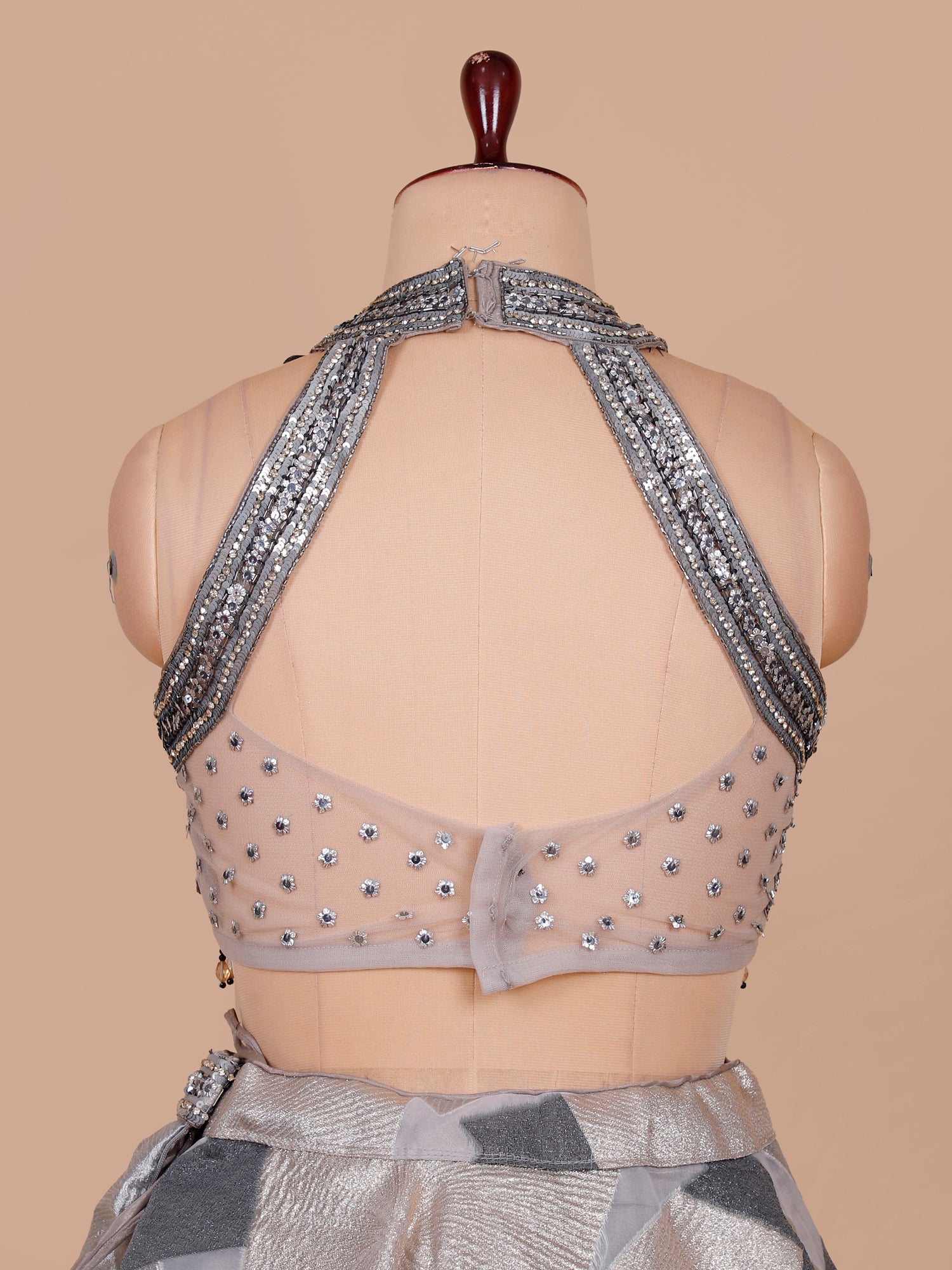 Light Grey–Dark Grey Moonstone Beadwork Lehenga