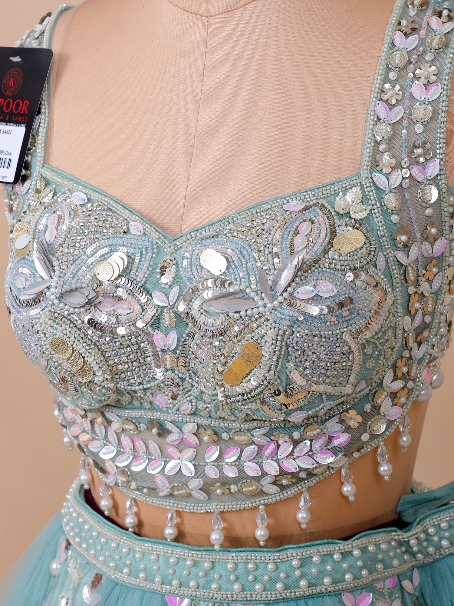 Aqua Light Dewdrop Heritage Net Lehenga With Pearls Beads Handwork