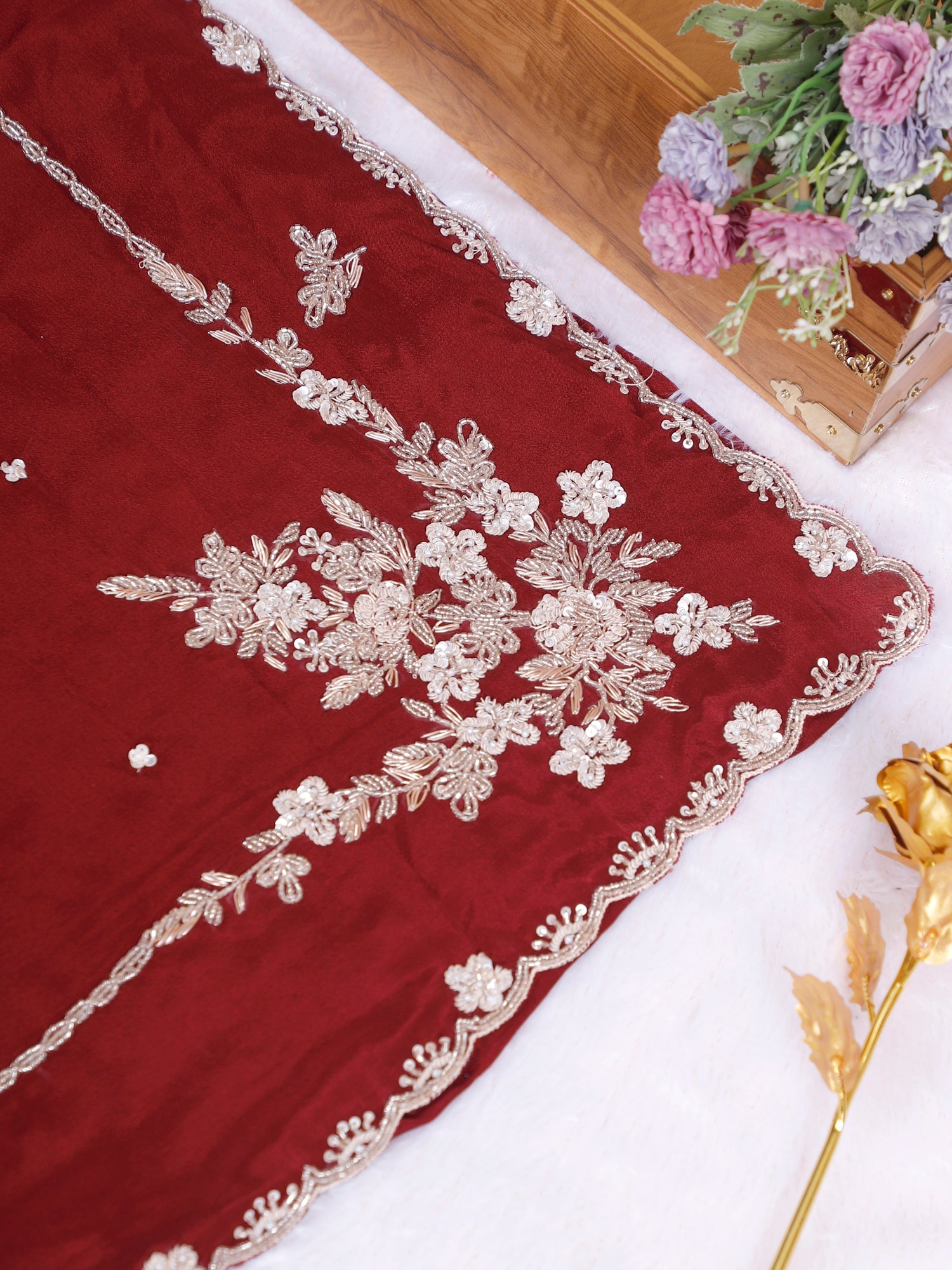 Maroon Radiance Chinon Saree Featuring Fine Sequin Handwork