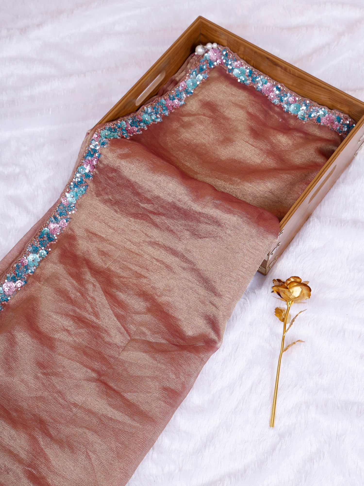 Dark Chickoo Bronze Mist Look Sequin Handworked Shimmer Saree