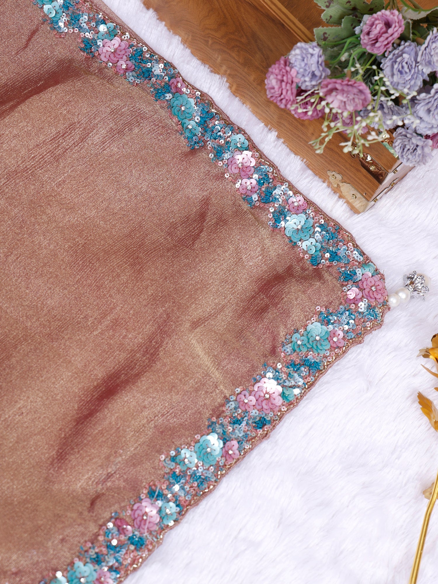 Dark Chickoo Bronze Mist Look Sequin Handworked Shimmer Saree