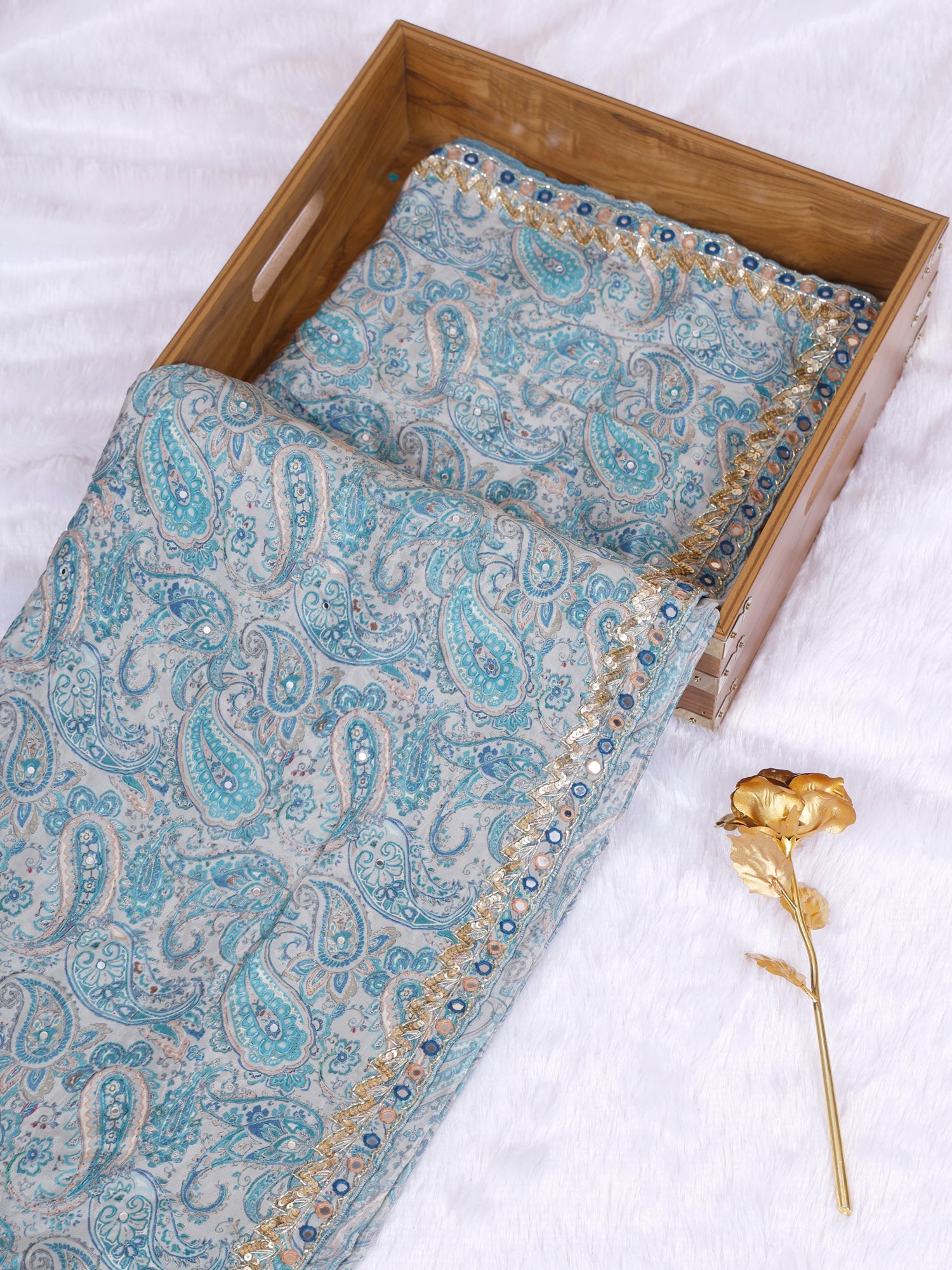 Aqua Light Pearl Tide Drape Crepe-Silk Saree with Mirror Zardosi