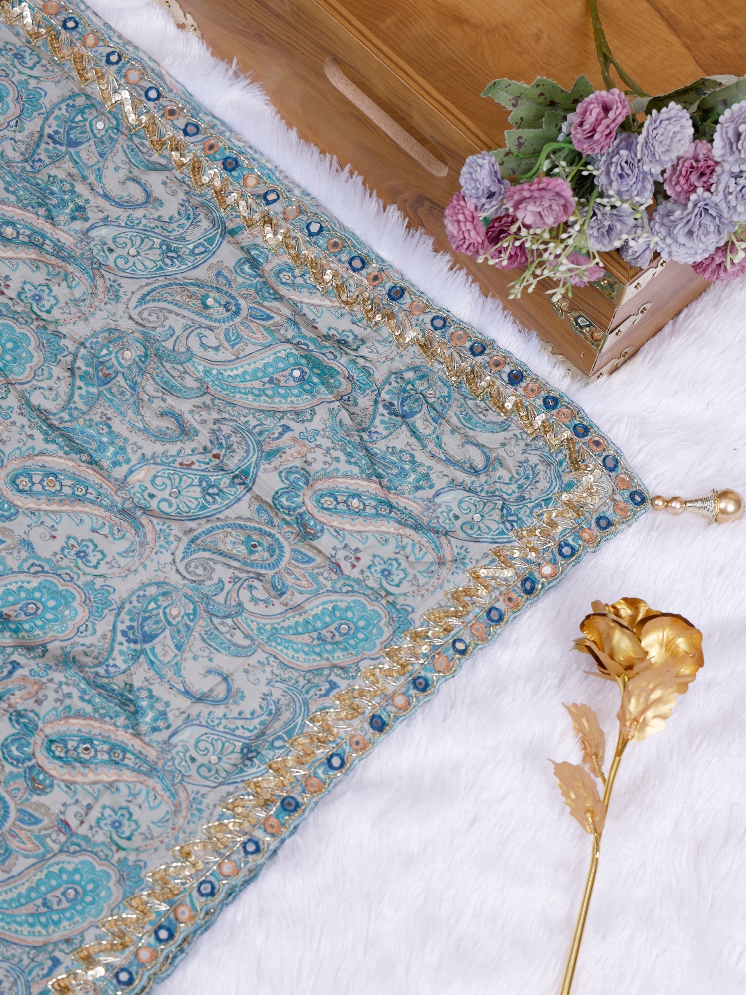 Aqua Light Pearl Tide Drape Crepe-Silk Saree with Mirror Zardosi