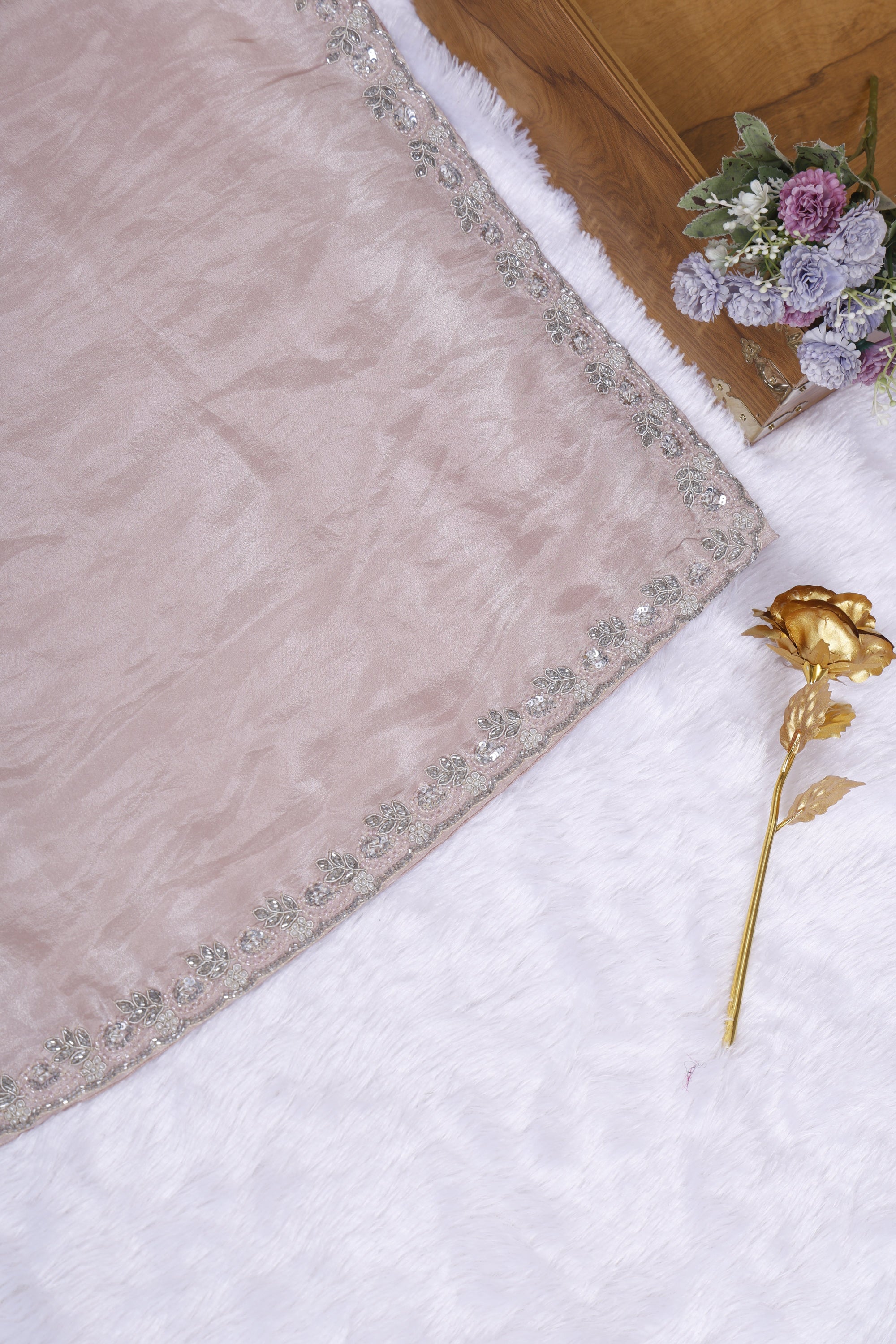 Dark Cream Crepe Subtle Royalty Look Saree Accented with Zardosi