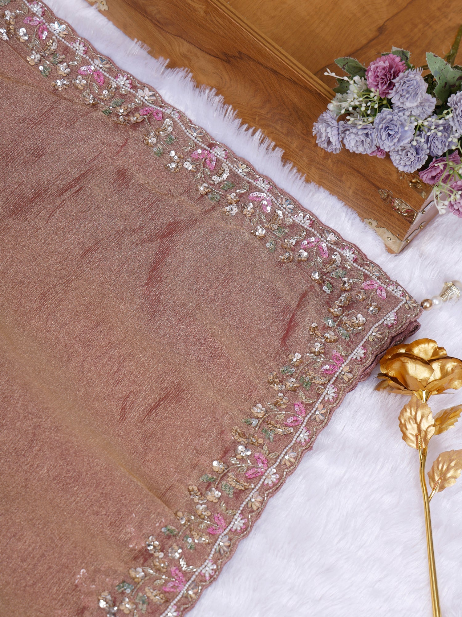 Reddish-Brown Rustic Radiance Edit Shimmer Sequins Handwork Saree