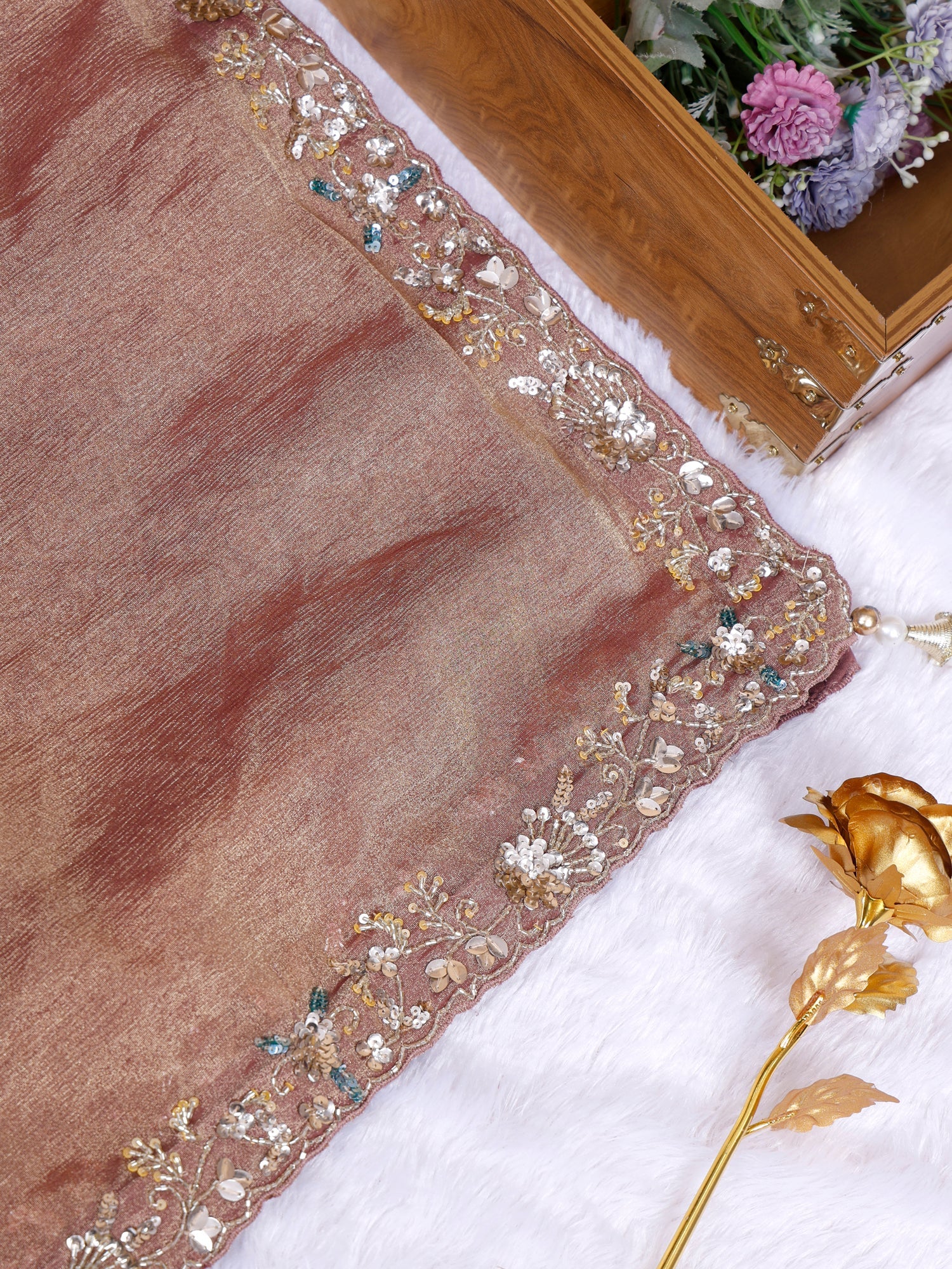 Reddish-Brown Timeless Zardosi Sparkle Saree