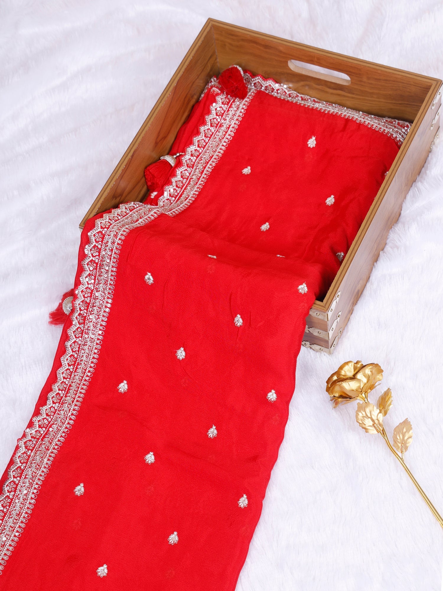 Red Royale Thread-Embellished Chinon Saree With sequins work