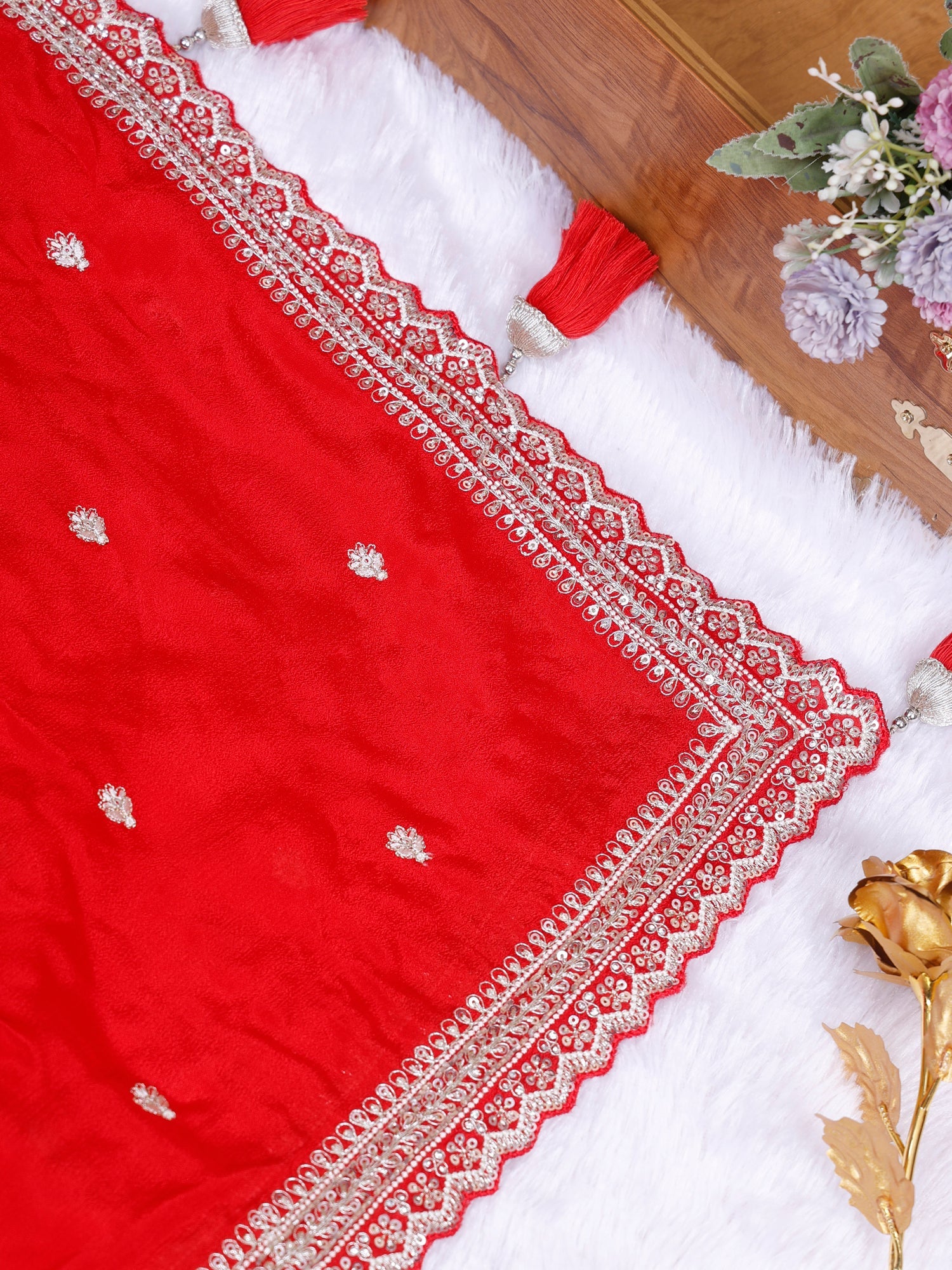 Red Royale Thread-Embellished Chinon Saree With sequins work