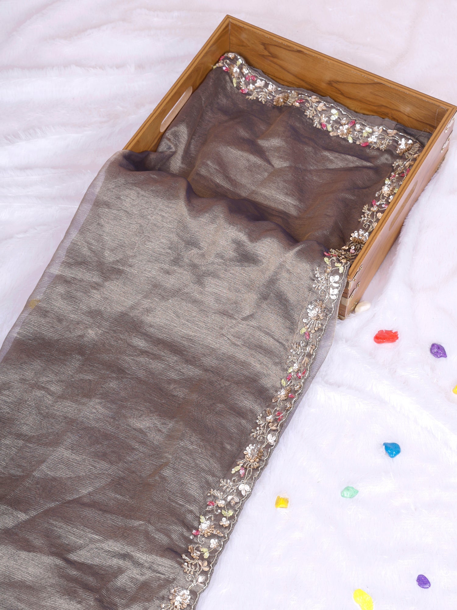 Grey Mehek-e-Rang Zardosi Sequin Handwork Saree