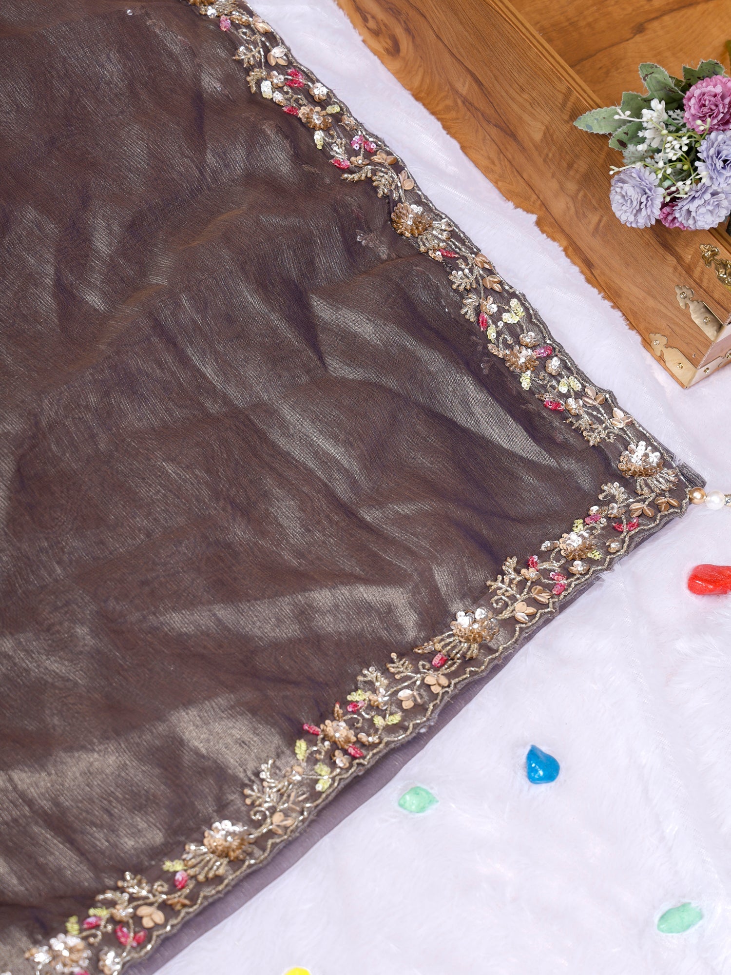 Grey Mehek-e-Rang Zardosi Sequin Handwork Saree