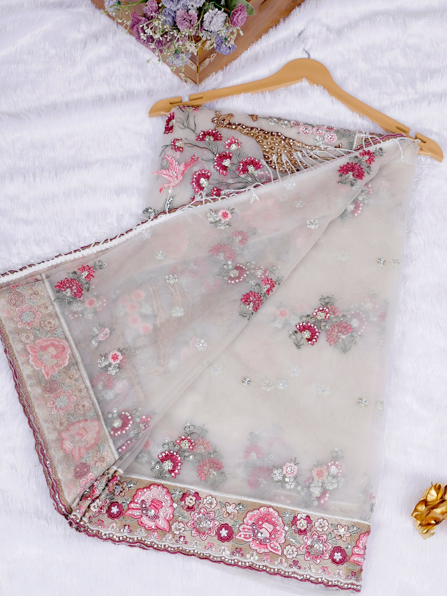 Off-White Couture Threadwork with Jarkan Beads Sequins Luxe Flow Saree