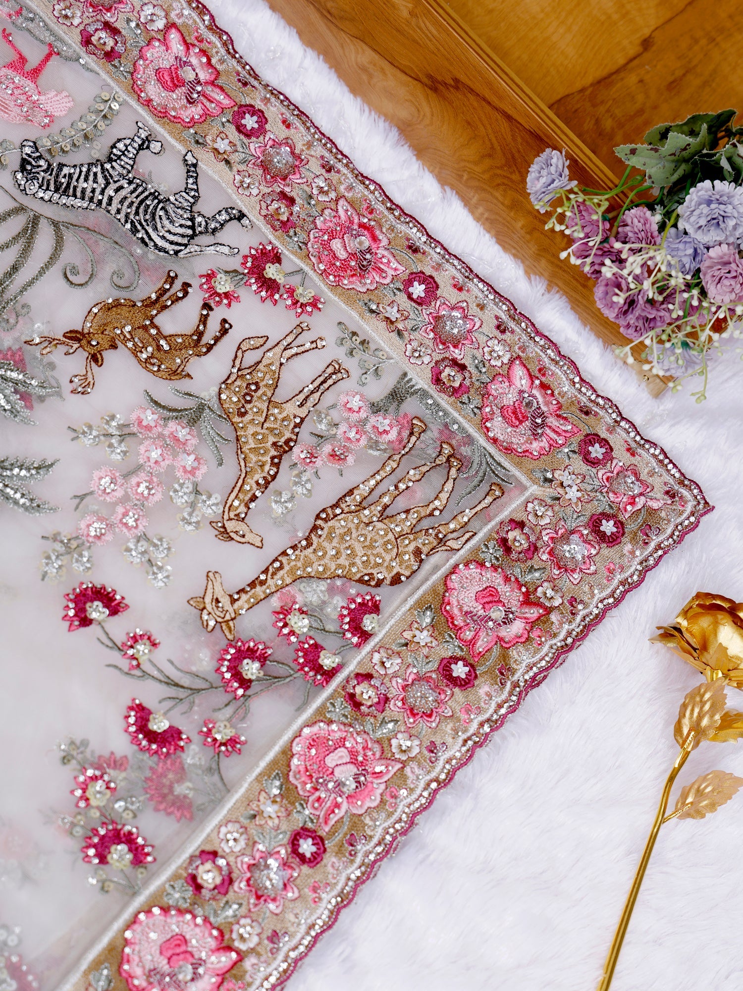 Off-White Couture Threadwork with Jarkan Beads Sequins Luxe Flow Saree