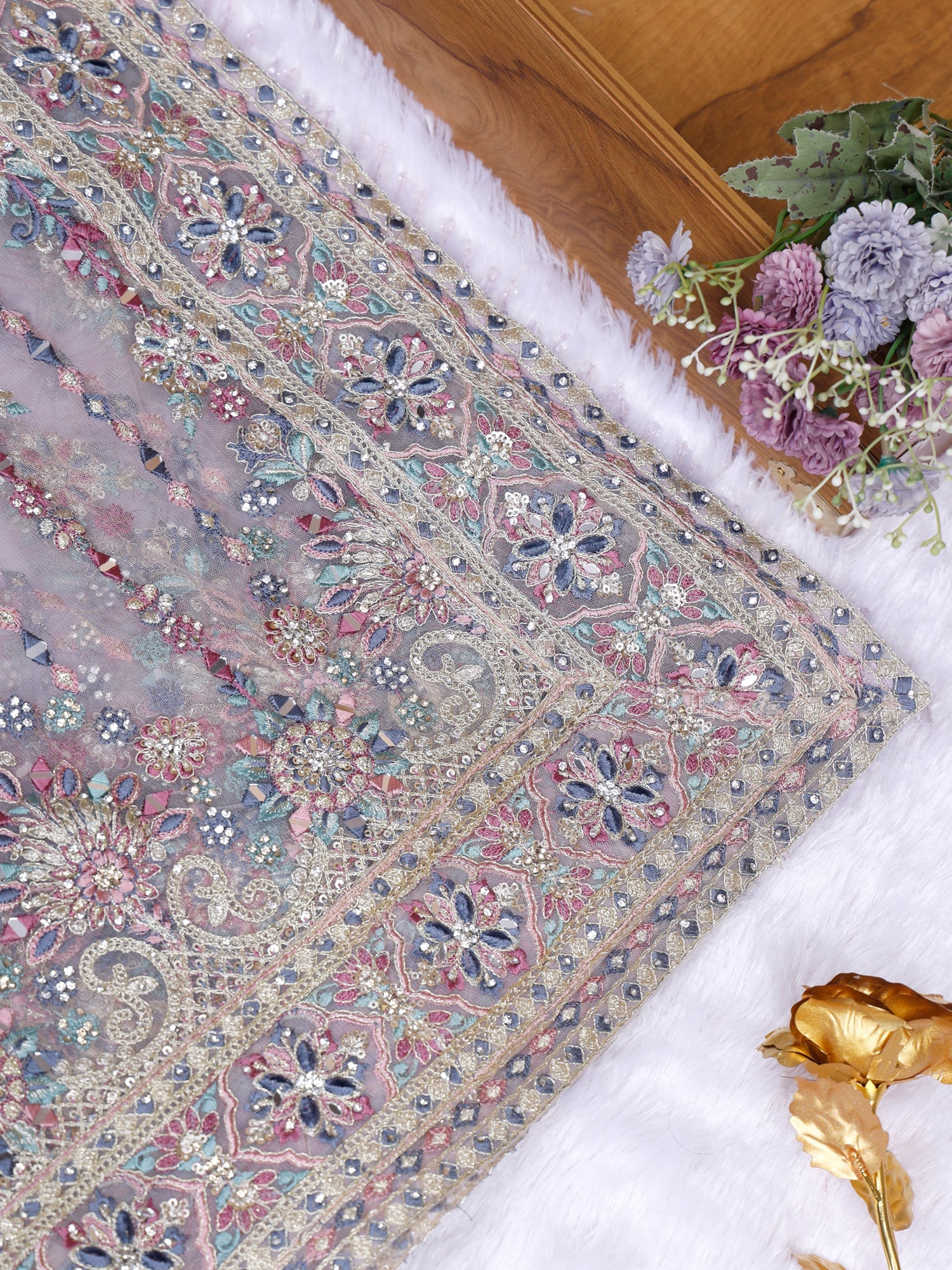 Lavender Thread Embroidered Saree with Jarkan Beads &amp; Sequins