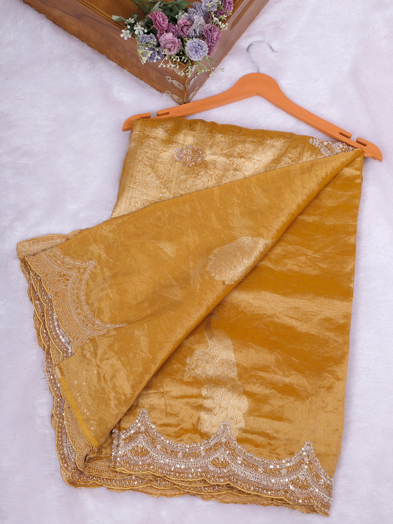 Golden Bronze Triveni Radiance Silk Designer Saree- 3 Amazing Shades