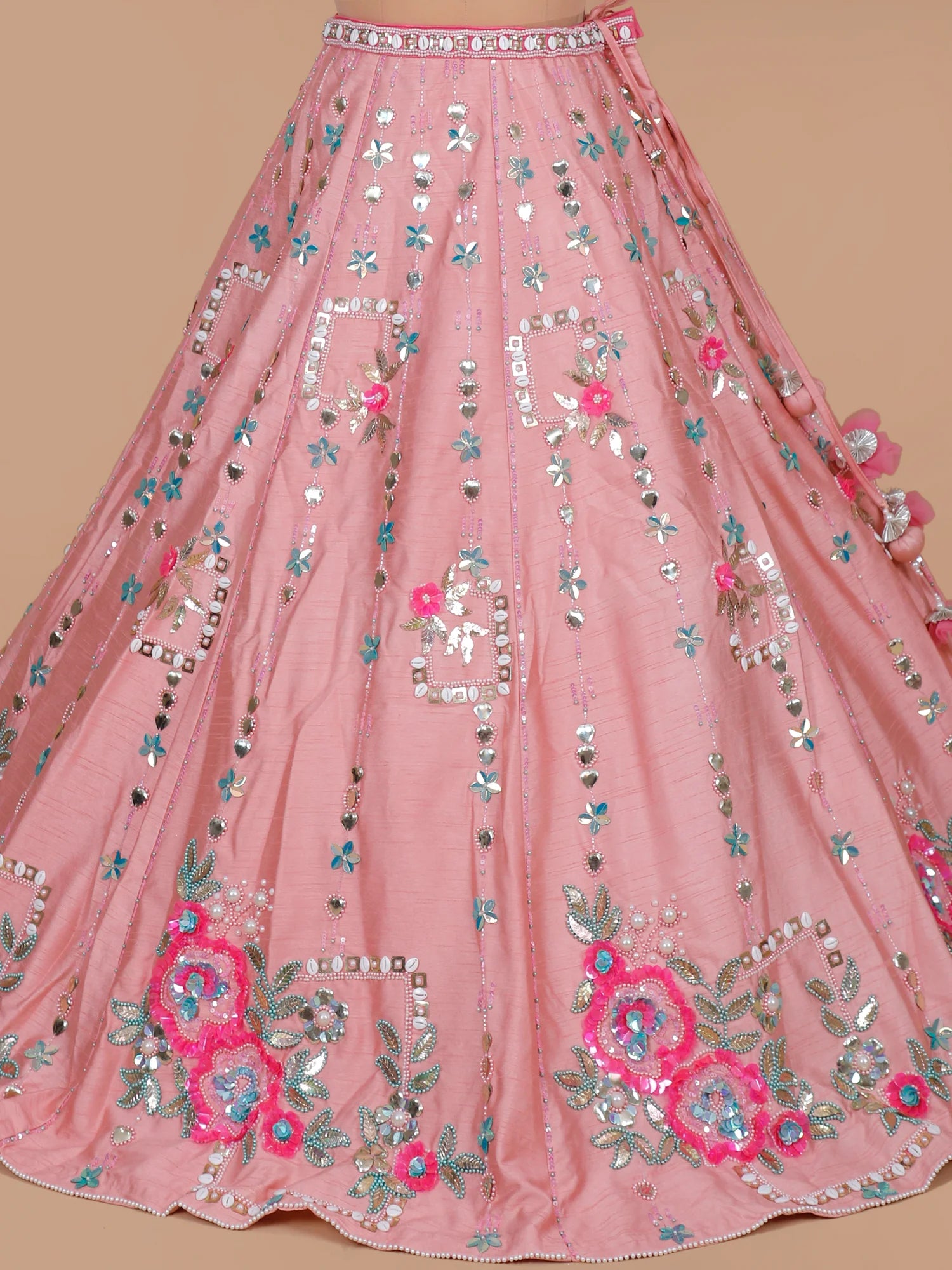 Roshana Pink Pearl Mirror Silk Lehenga