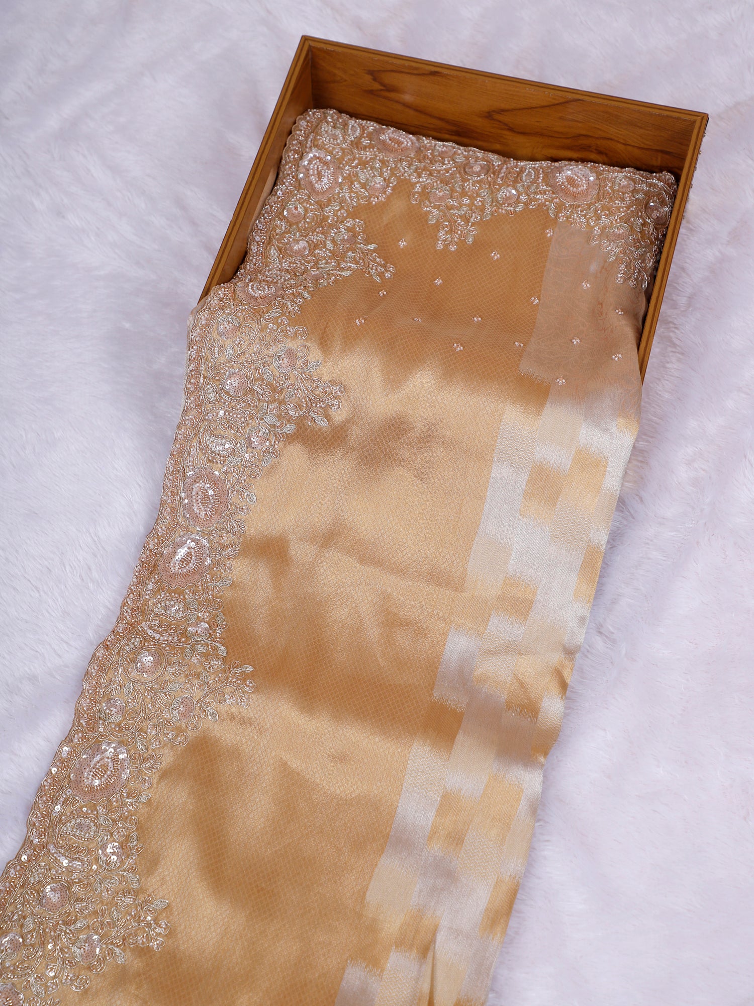 Beige Cream &amp; Light Gold Champagne Imperial Sheen Shimmer Silk Saree