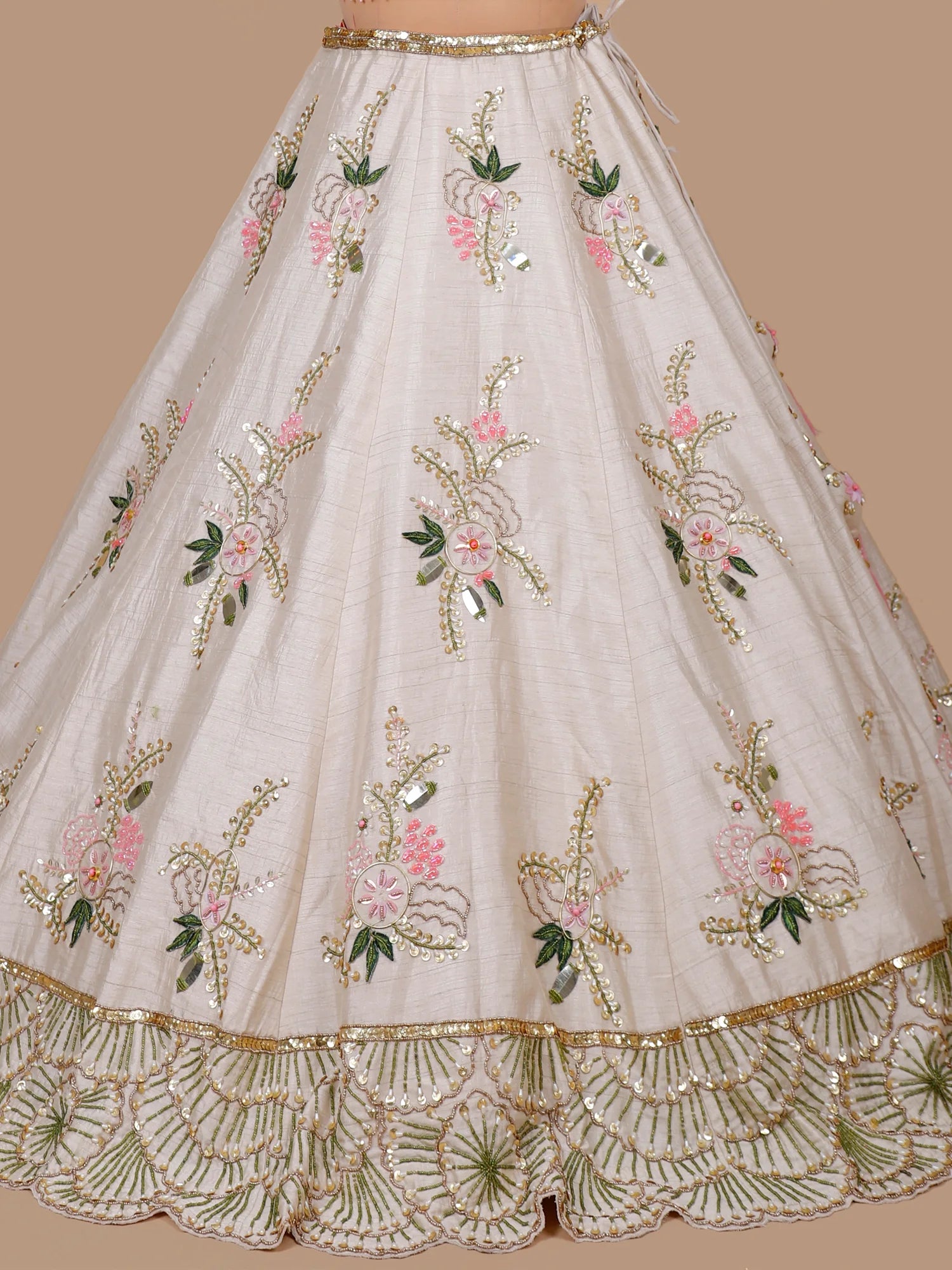 Nazakat Ivory Off White Raw Silk Lehenga with Thread &amp; Moti Work