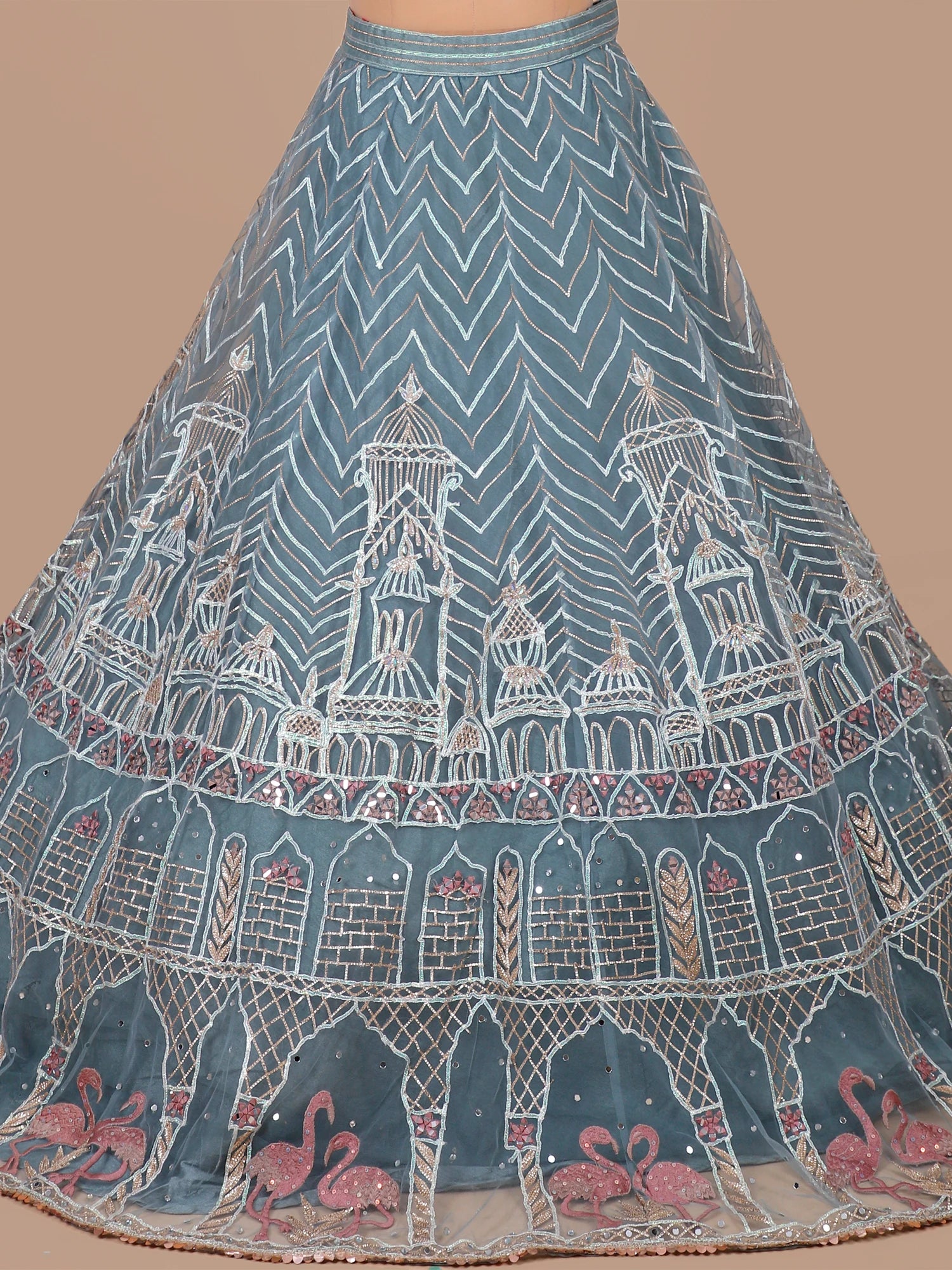 Blue Haze Archive Dusty Blue Net Lehenga with Aplique Work