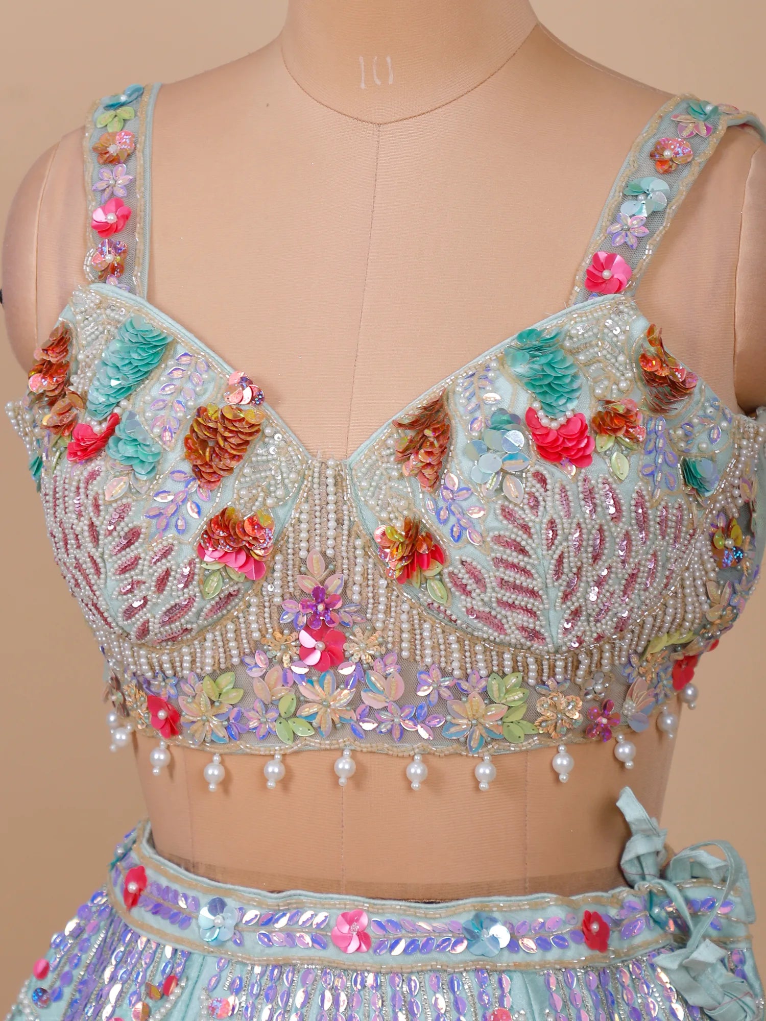 Aab-e-Zarqaa Silk Aplique Mirror Sequin Aqua Lehenga