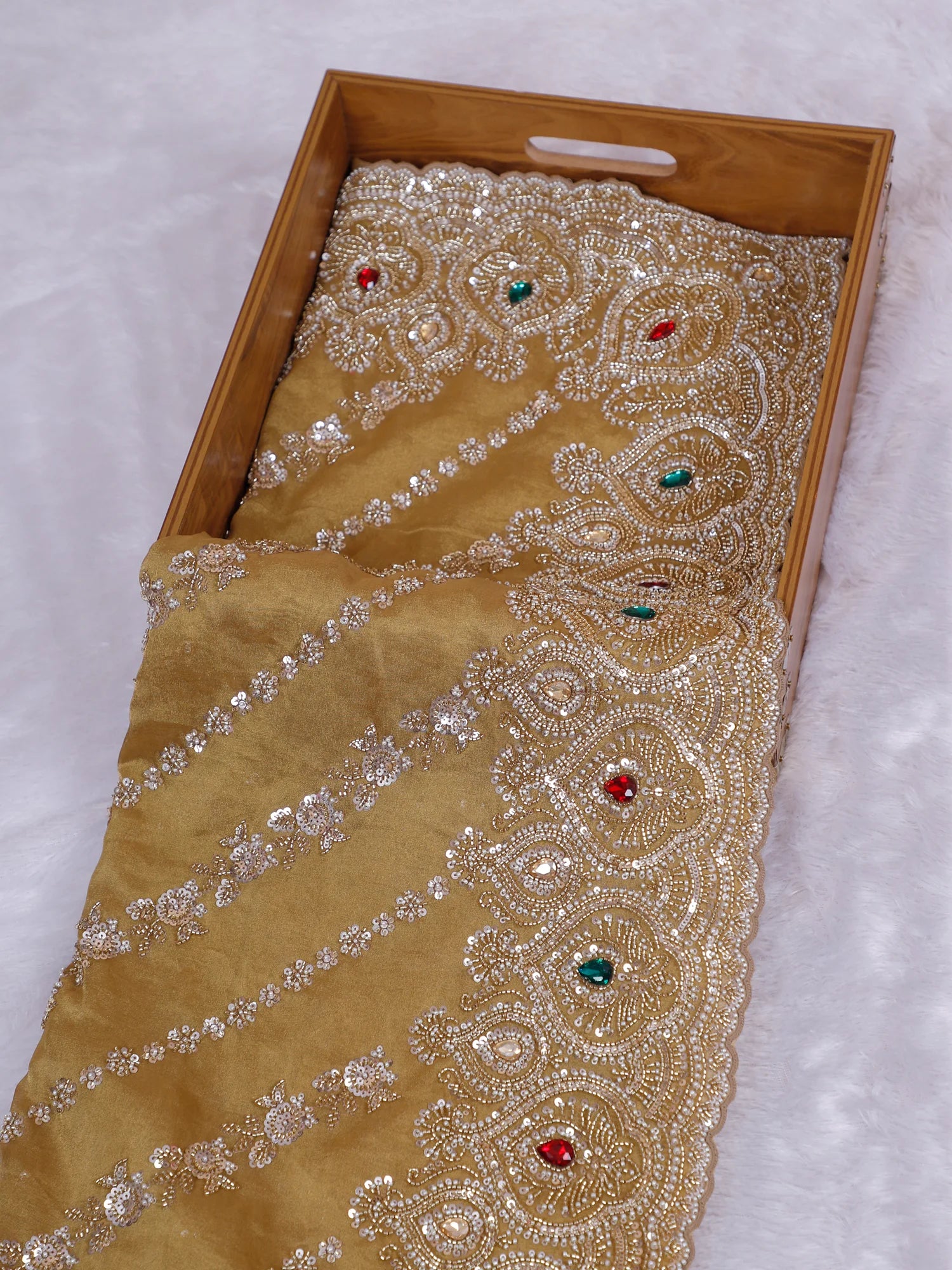 Crown Theory Golden Giraffe saree with Moti &amp; Stone Detailing