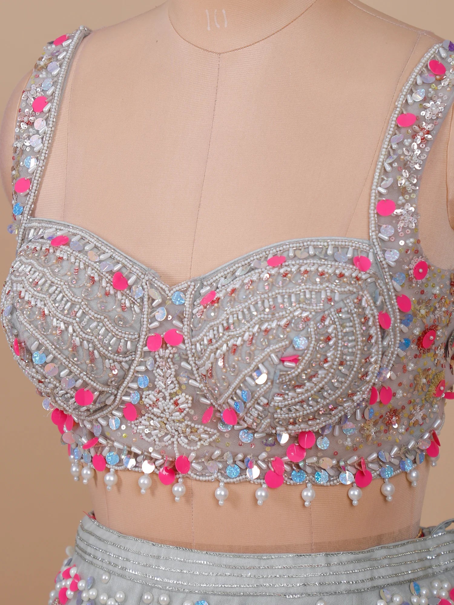 Nocturne Ash Evening Grey Net Lehenga with Mirror Aplique Work