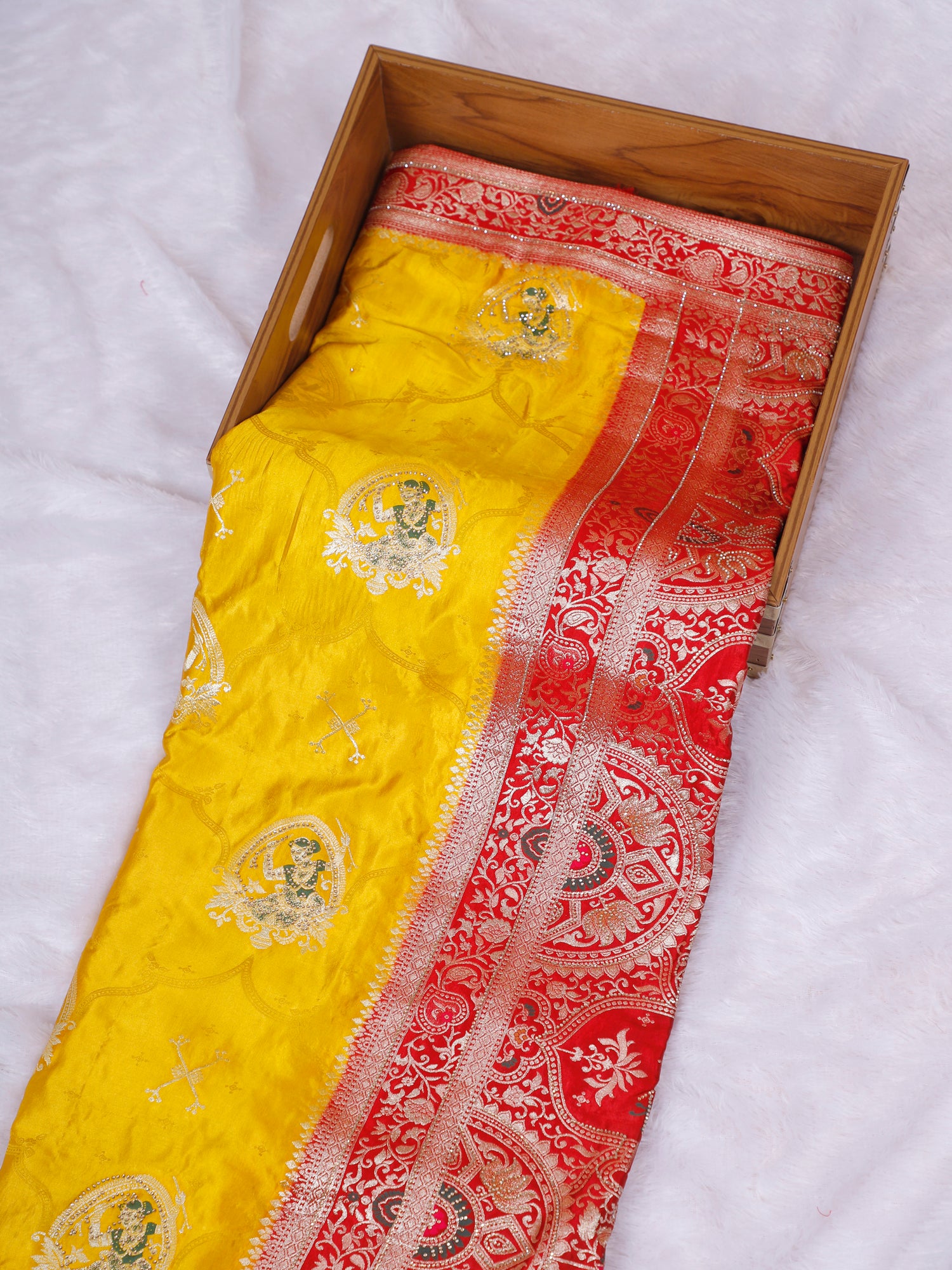Blue–Yellow Red Triveni Swarovski Silk Saree