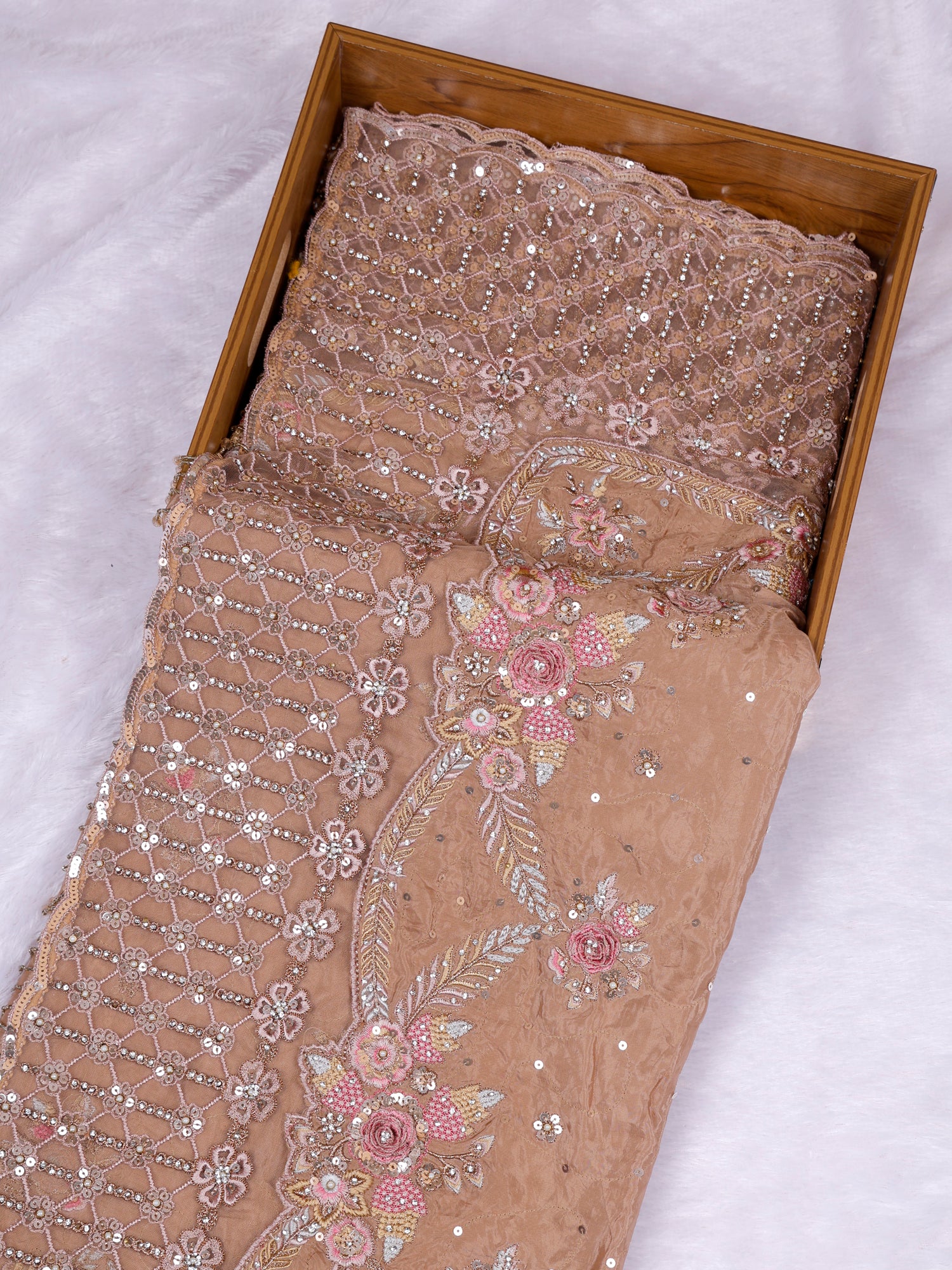 Zareen Glow Chickoo Silk Diamond Work Saree