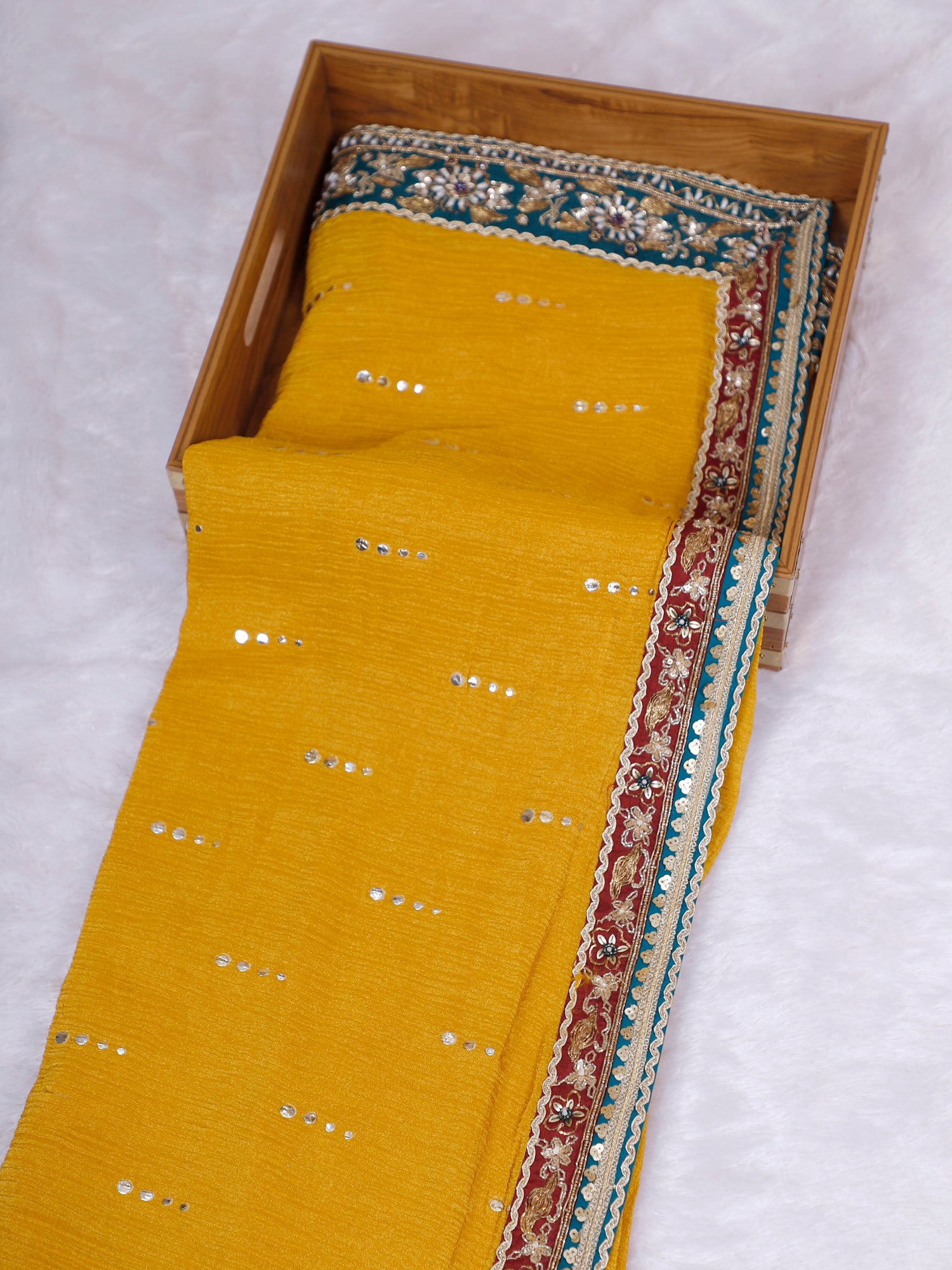 Teal-Yellow Sunehri Noor Shimmer Saree with Sequin Handcrafted Detailing