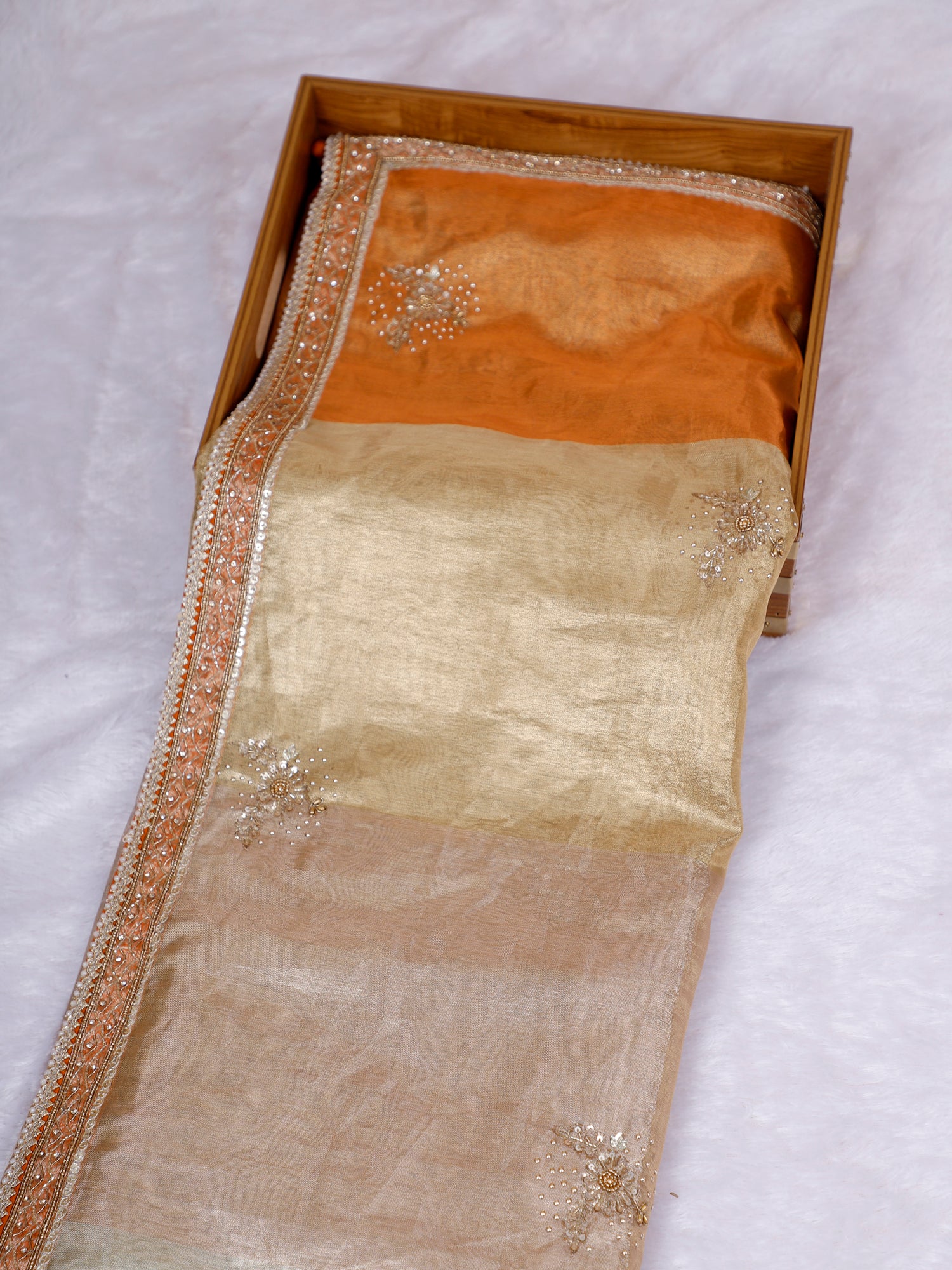 Orange-Champagne Afsana Glow Shimmer Saree with Sequin Moti Elegance