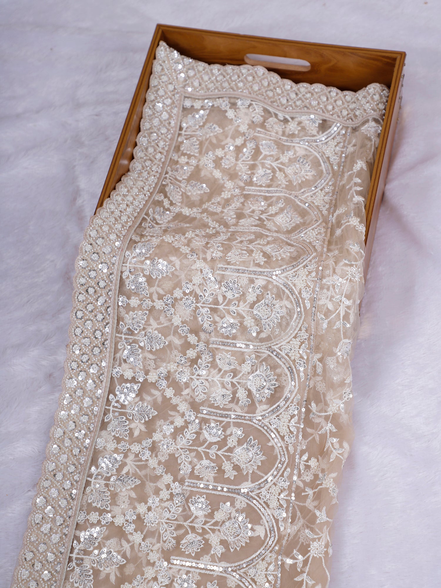 Beige Velvetine Sequins Moti Shine Saree