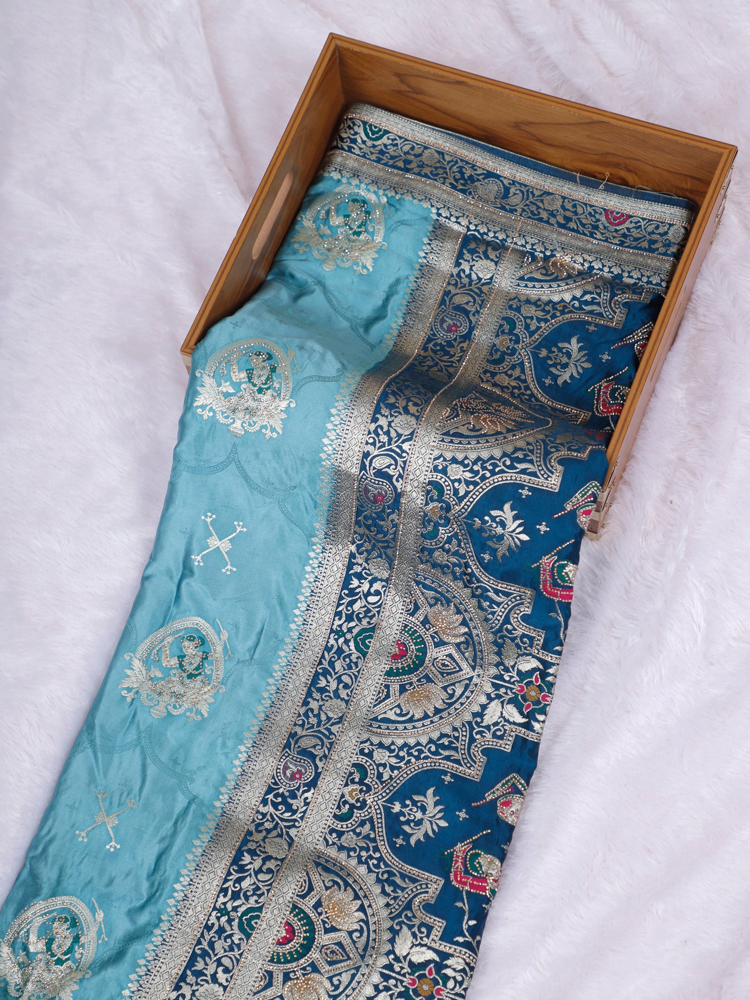 Rajsi Prism Red–Blue Silk Saree