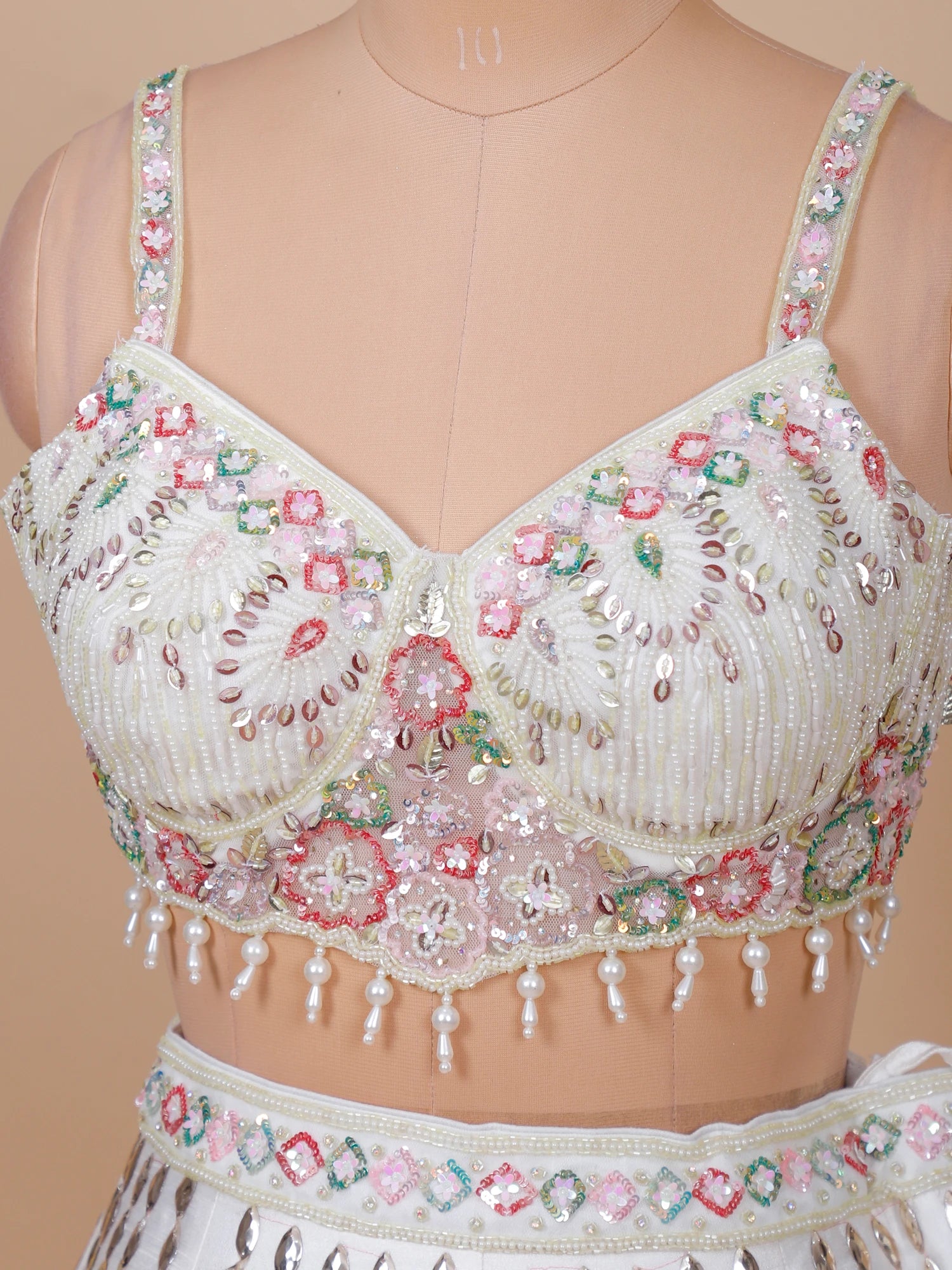 Sadaf Éclat Sequin Mirror Multi Thread Raw Silk White Lehenga