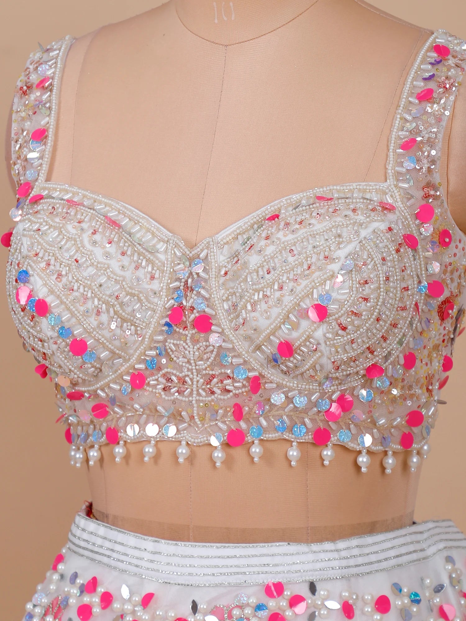 Soft Power White Net Lehenga with Pearl Mirror &amp; Aplique Craft
