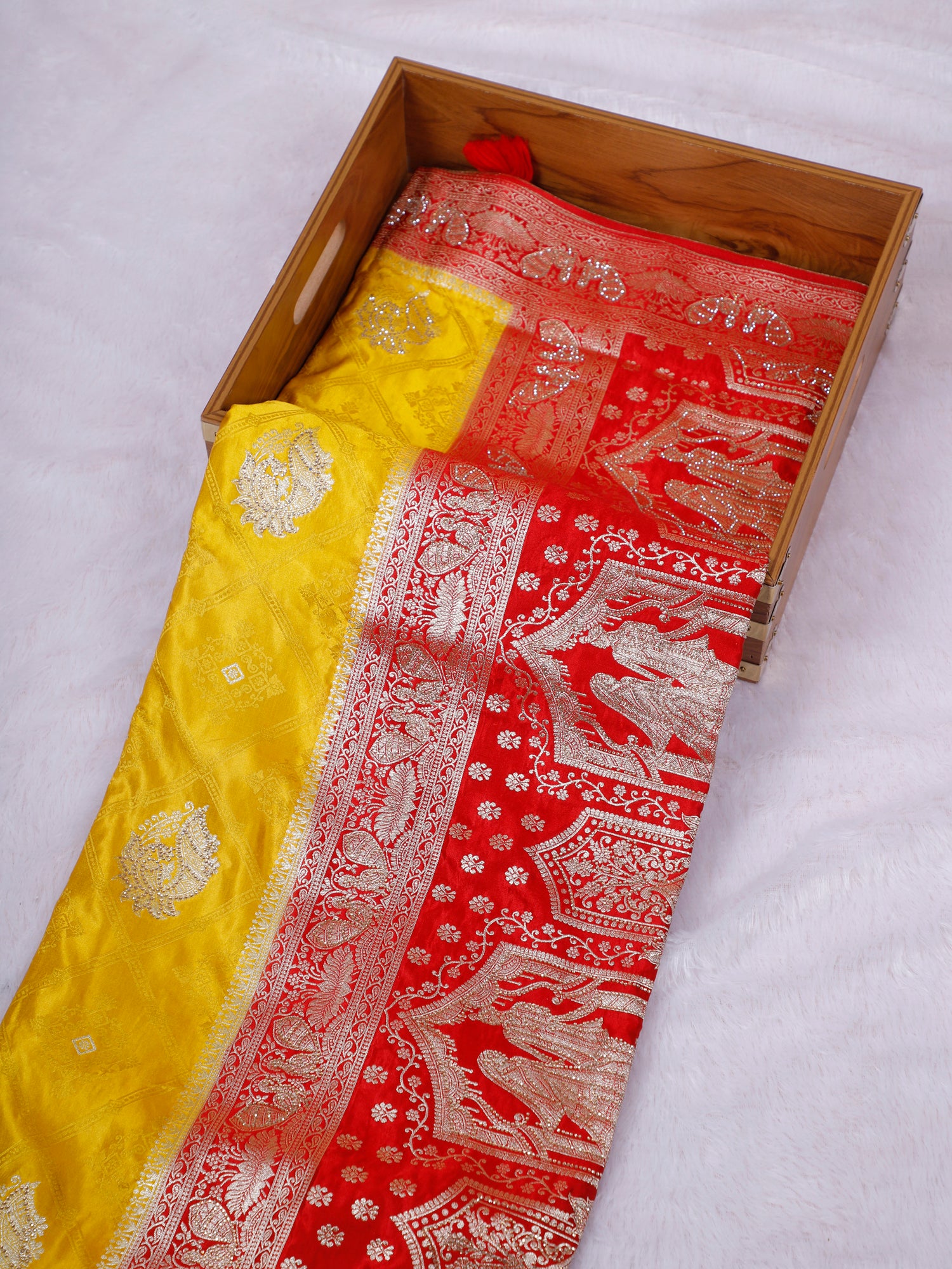 Red–Yellow Kanak Jyoti Silk-Mousse Saree