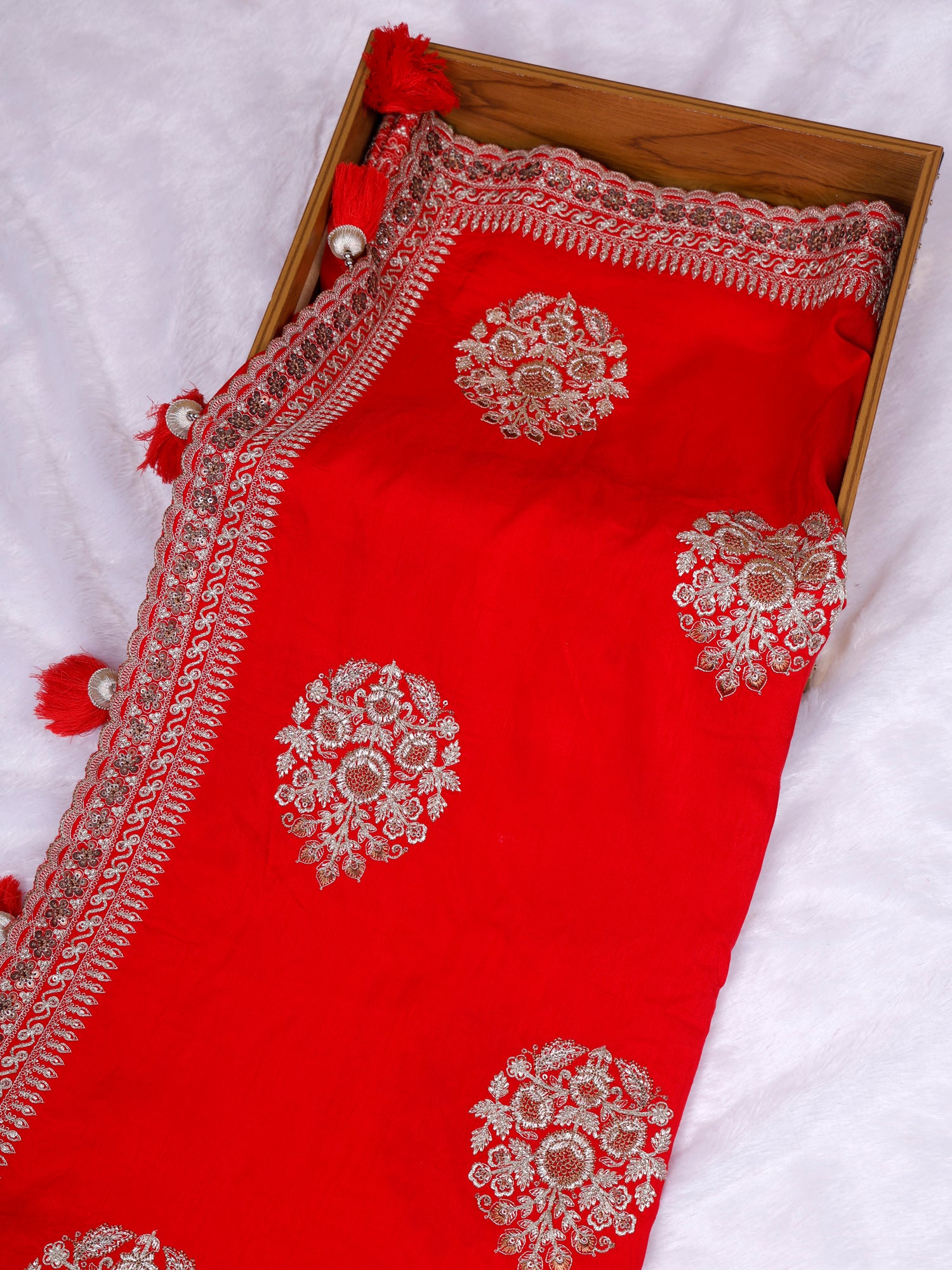 Luxury Red Crepe Silk Sequin Work Party Wear Saree