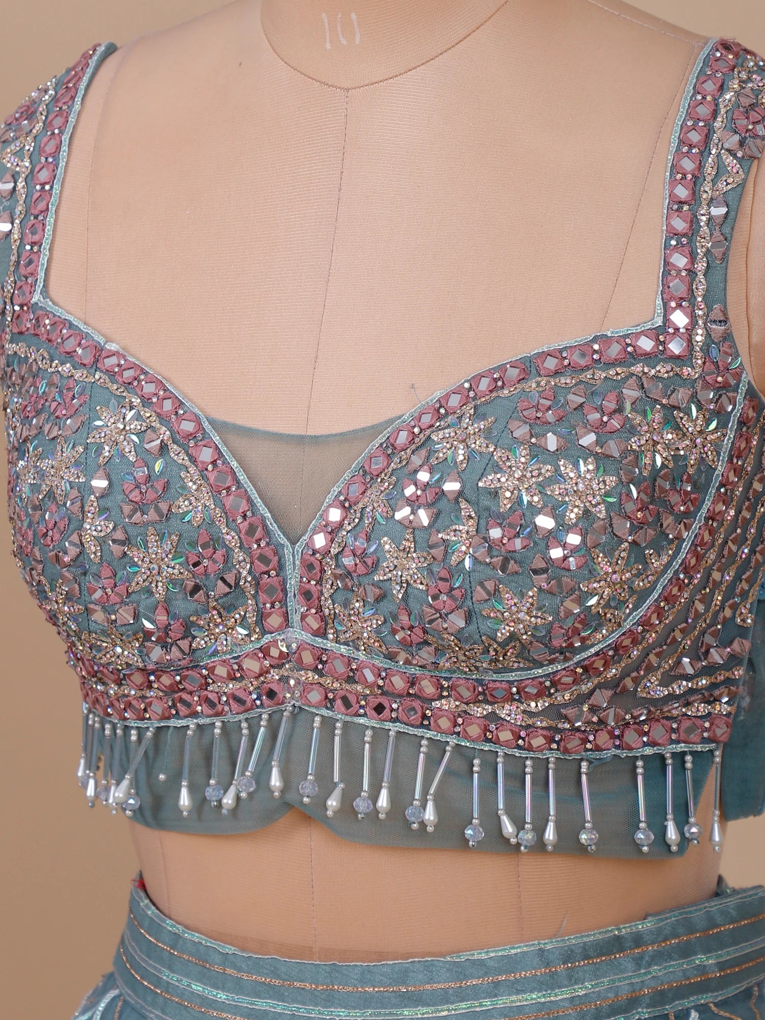 Blue Haze Archive Dusty Blue Net Lehenga with Aplique Work