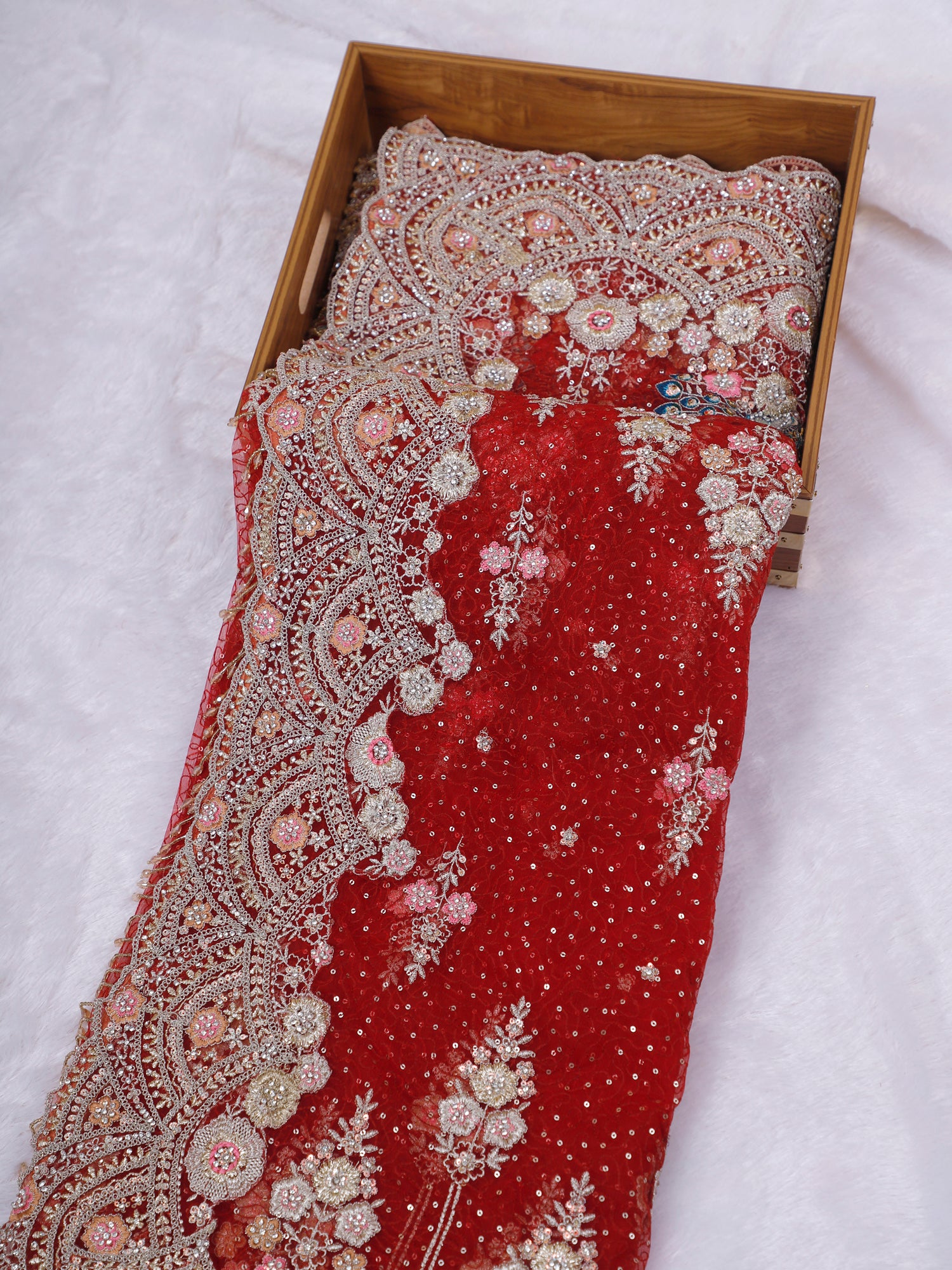 Bright Red Roshni-E-Raat Multi Thread Diamond Machine Work Net Saree