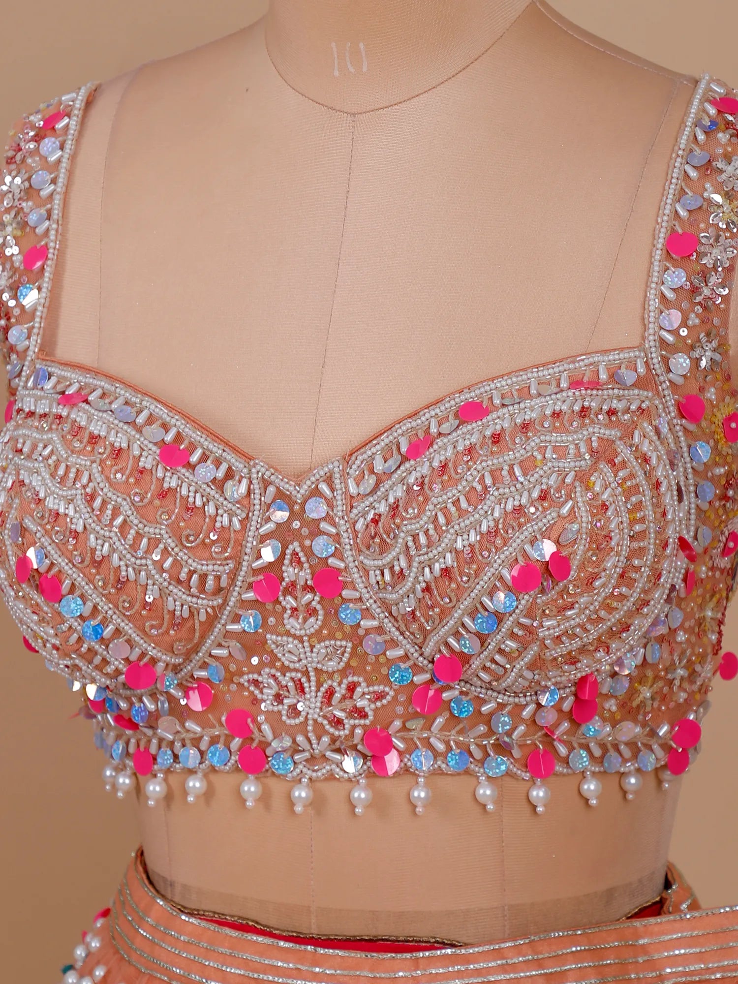 Zehra Peach Veil Thread Sequin Mirror Net Lehenga