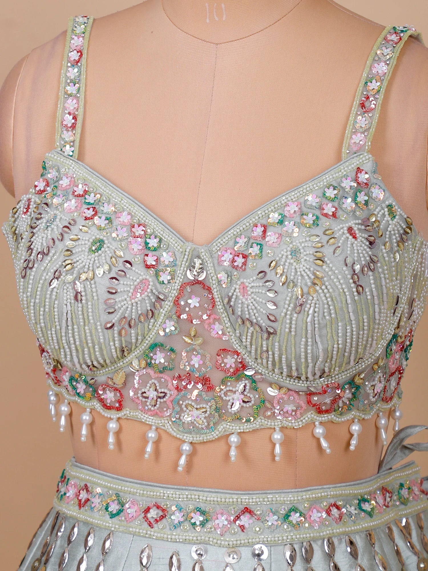 Parizaad Luxe Pearl Moti Mirror Pale Mint Silk Lehenga