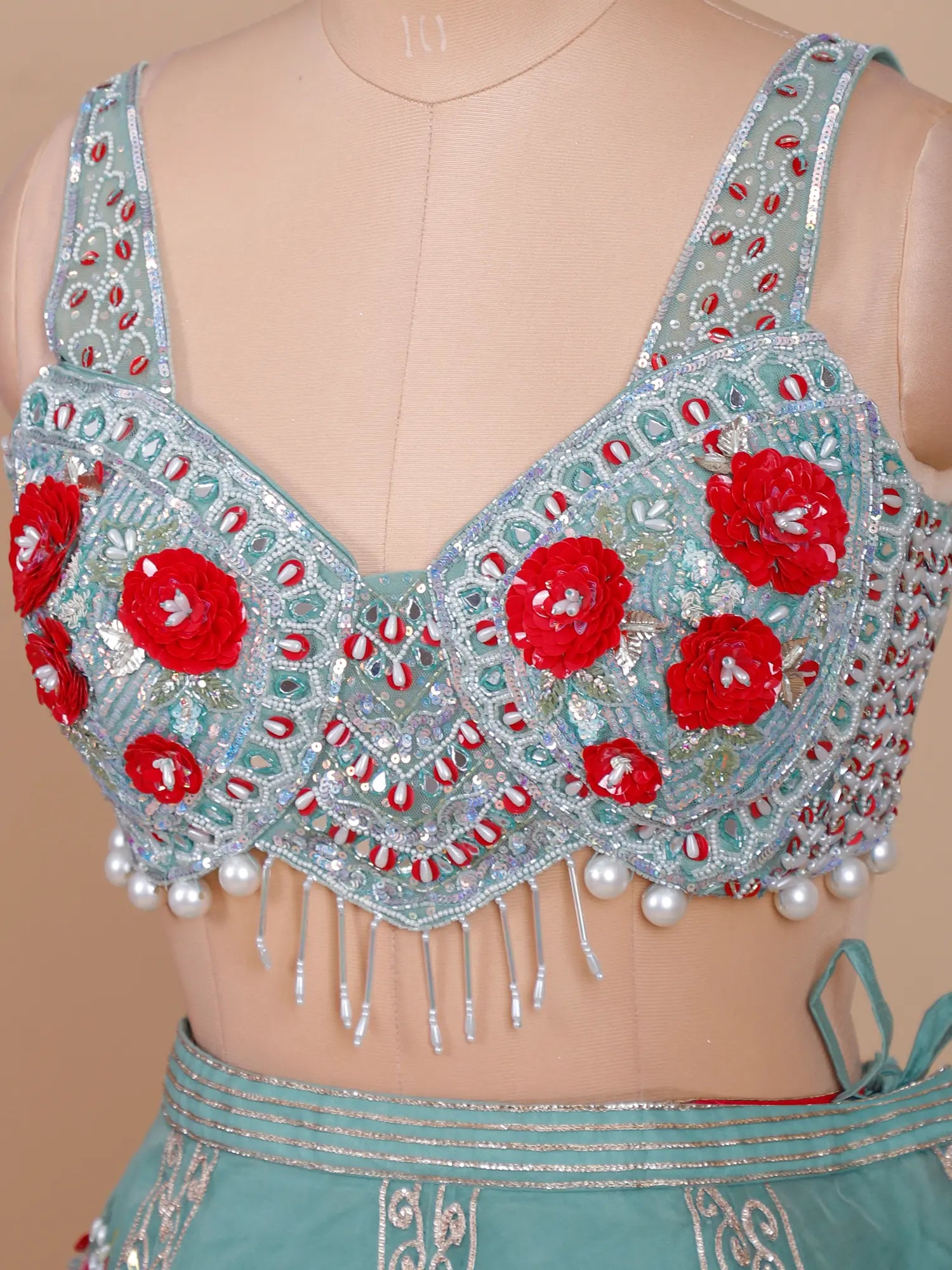 Sheen-e-Samreen Multi Thread Aplique Net Sea Green Lehenga