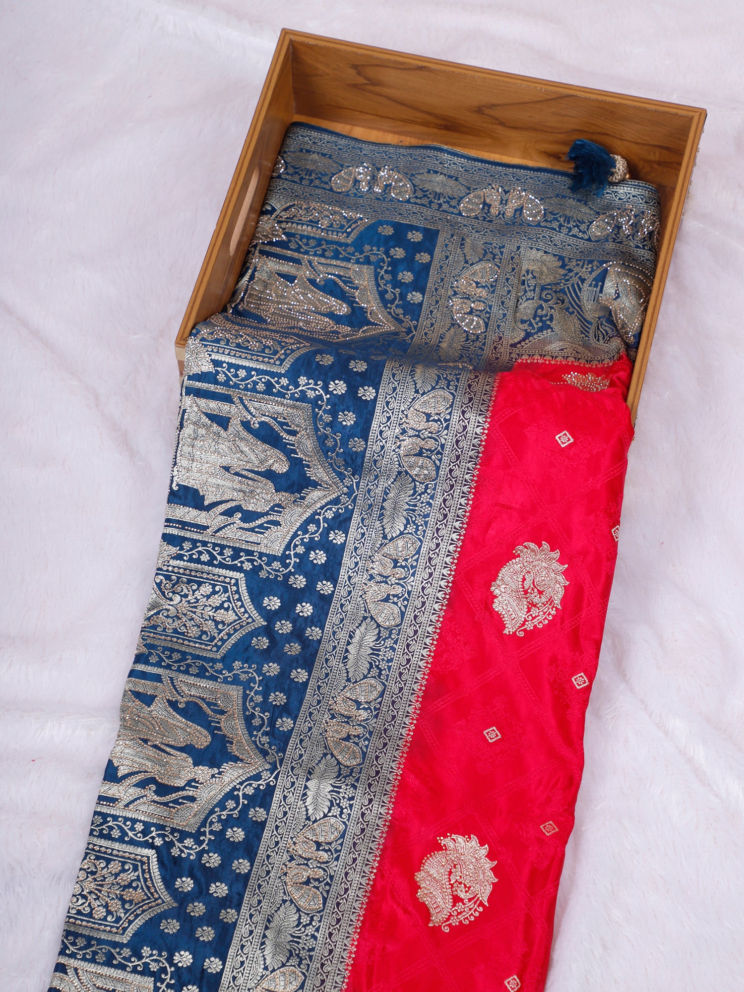 Red–Dark Blue Mehr-e-Shahi Designer Saree