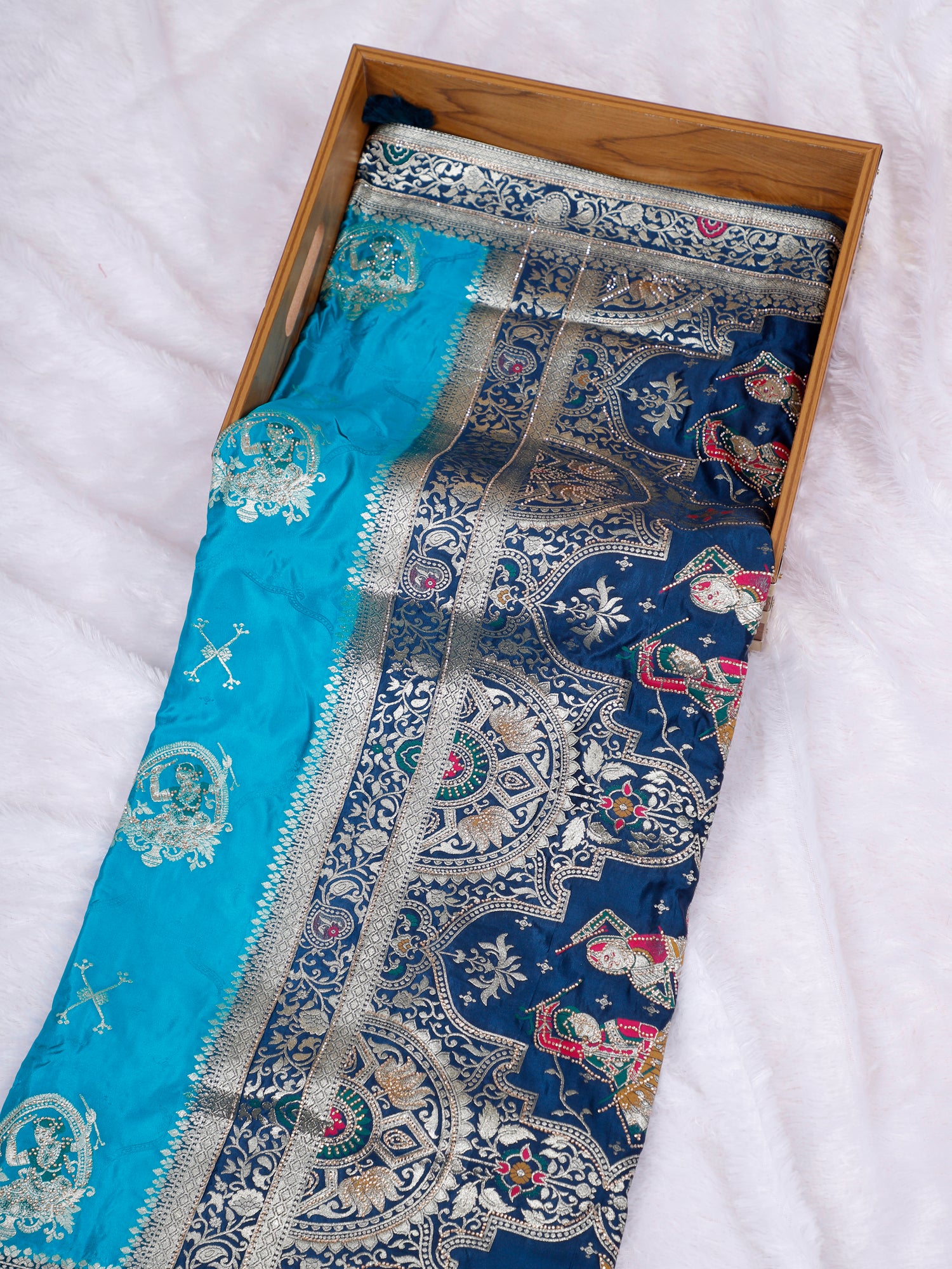 Blue–Red Vaidehi Swarovski Silk Saree