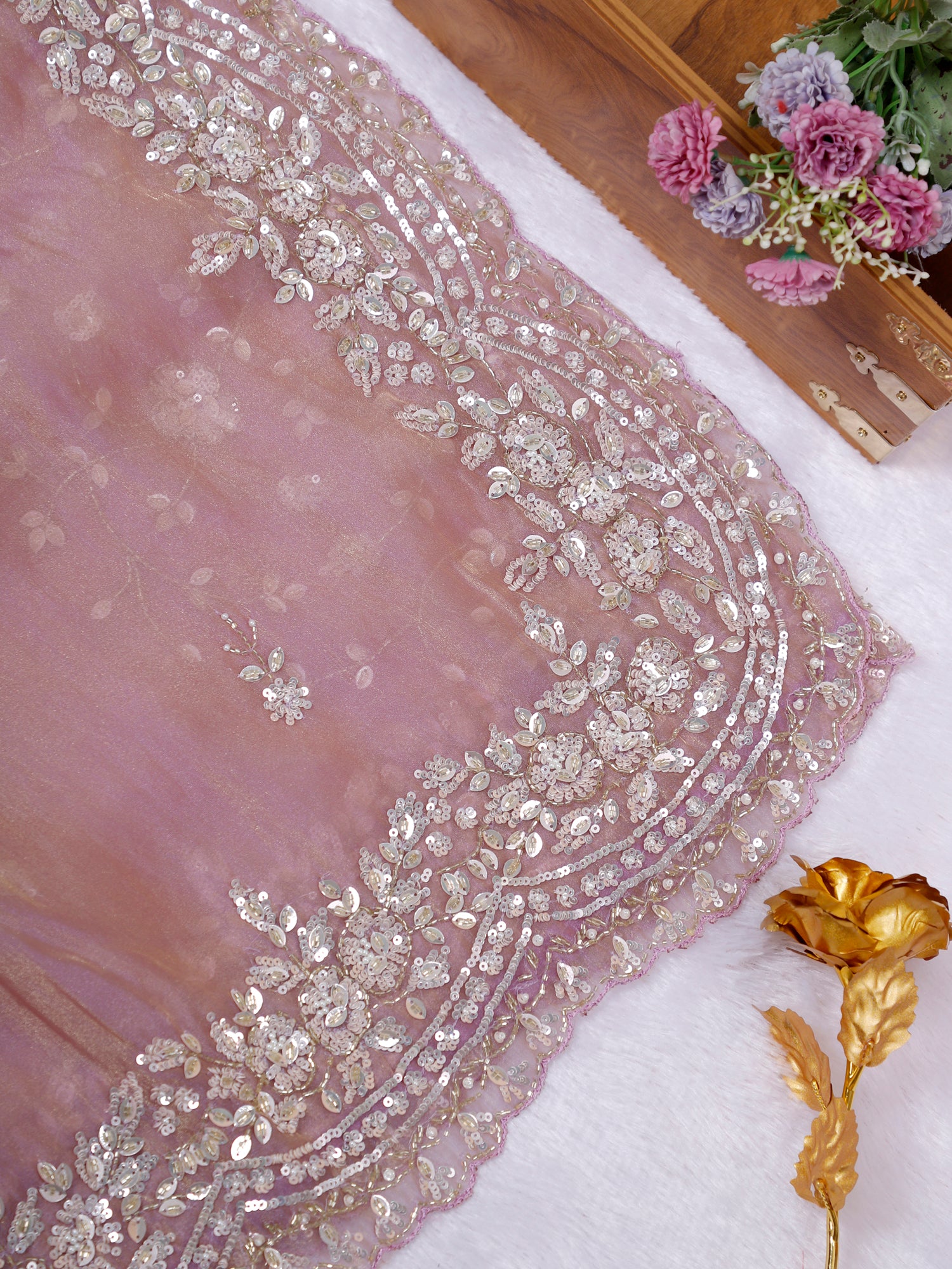 Onion Pink Rosabelle Sequin Elegance Organza Unstitched Saree