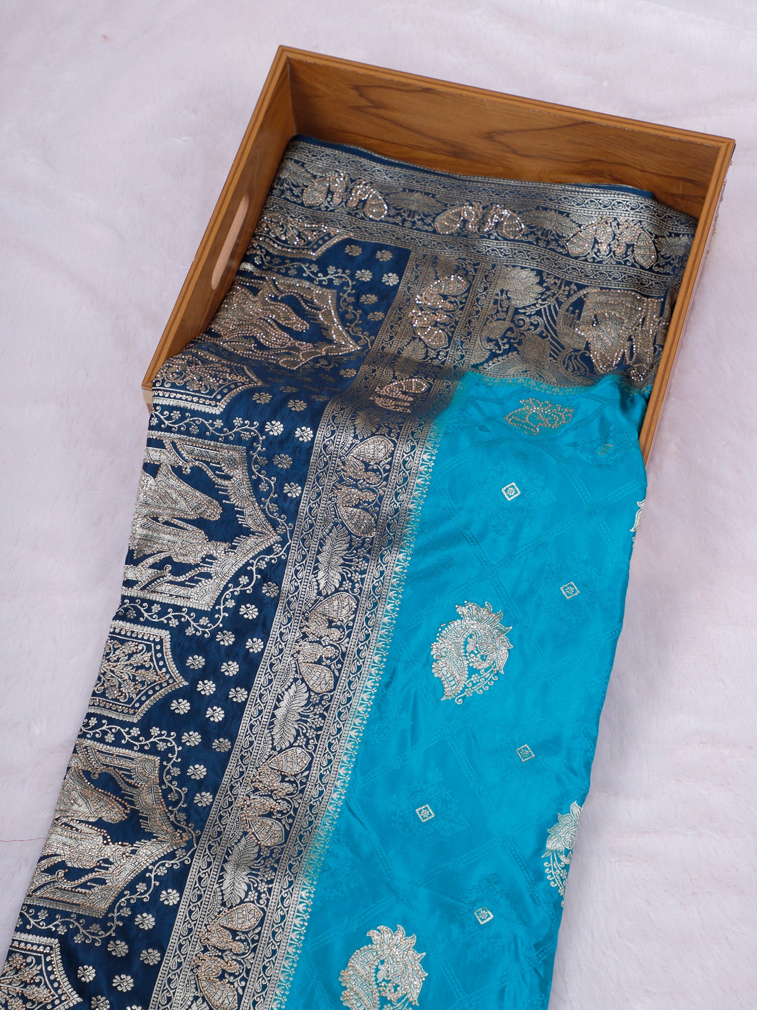 Red–Blue Shahi Aabhar Silk-Mousse Saree With Sequins Work