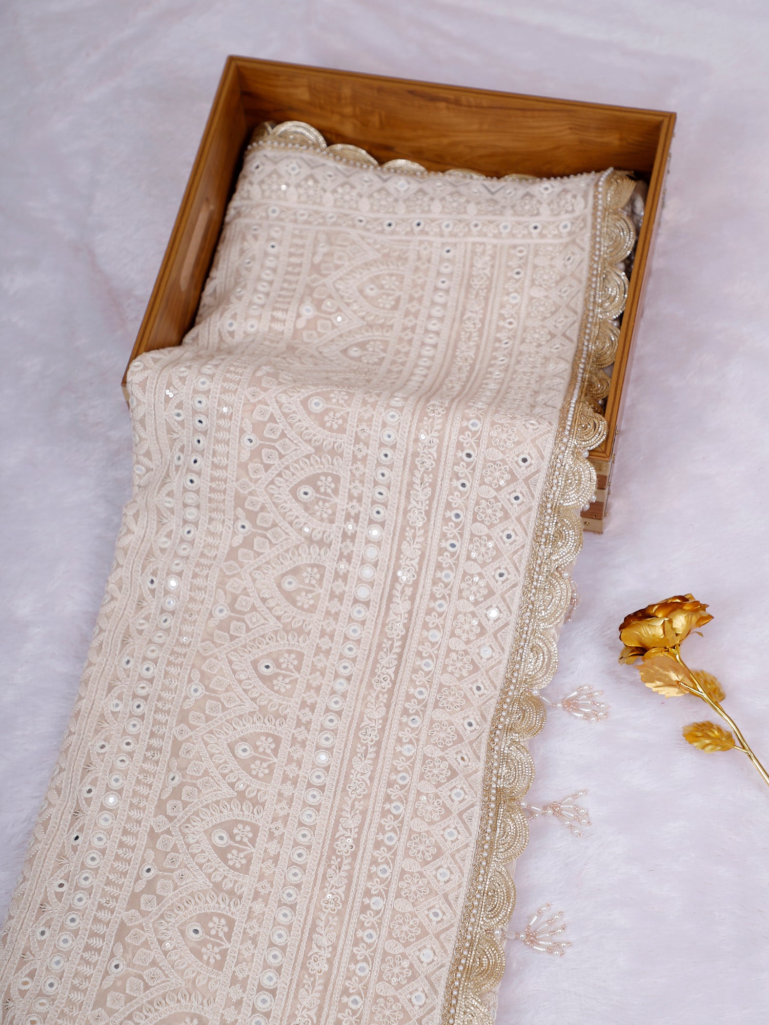 Elegant Beige Aaina Noor Lucknowi Georgette Saree