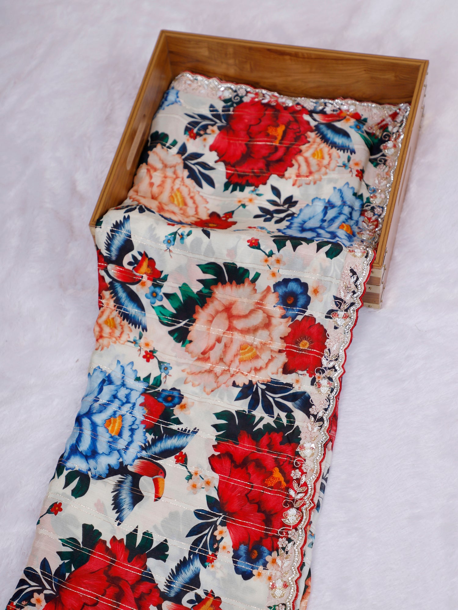 Satrangi Noor Multi Chinon Saree with Zardosi Moti Embroidery