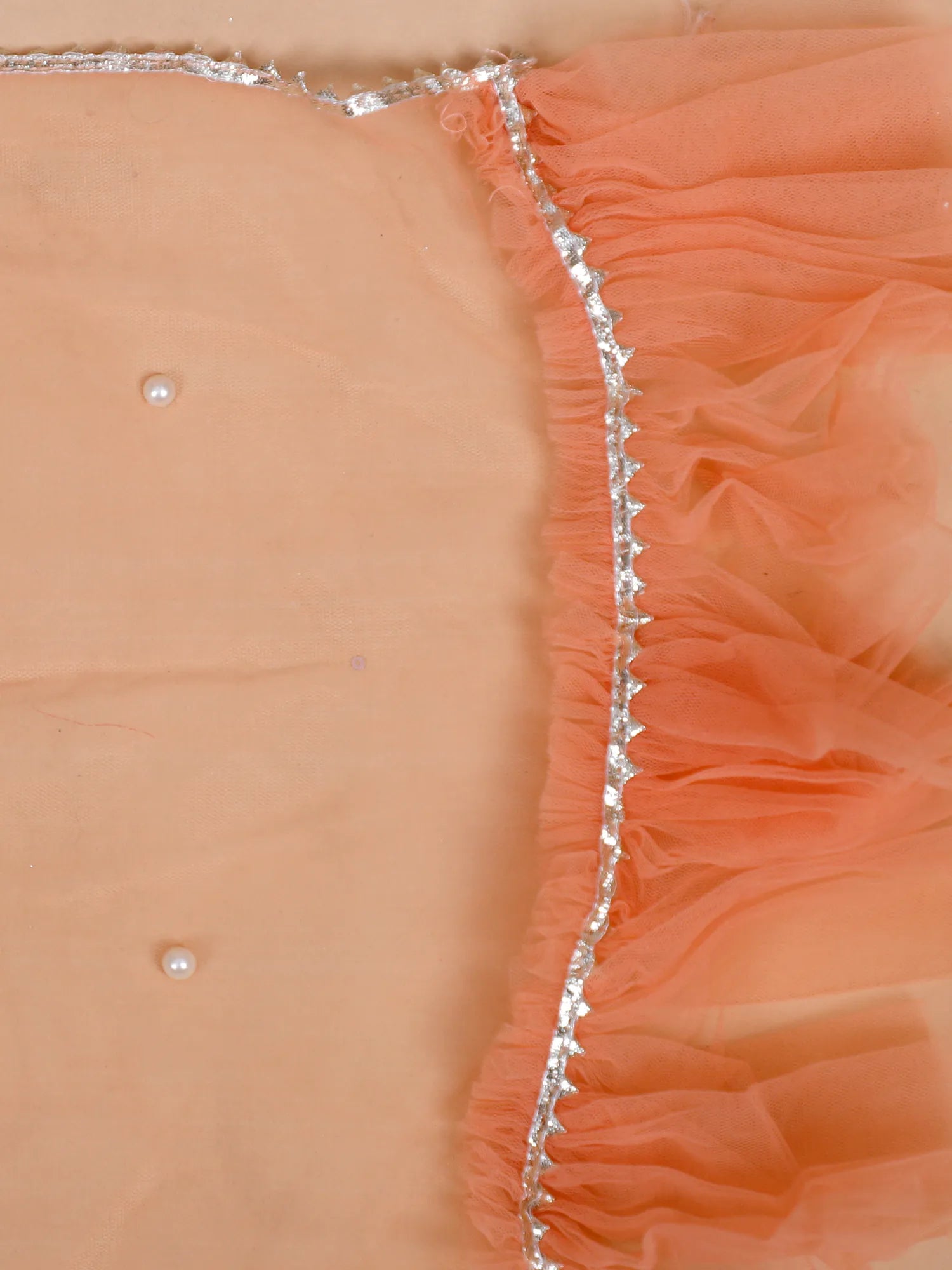 Zehra Peach Veil Thread Sequin Mirror Net Lehenga