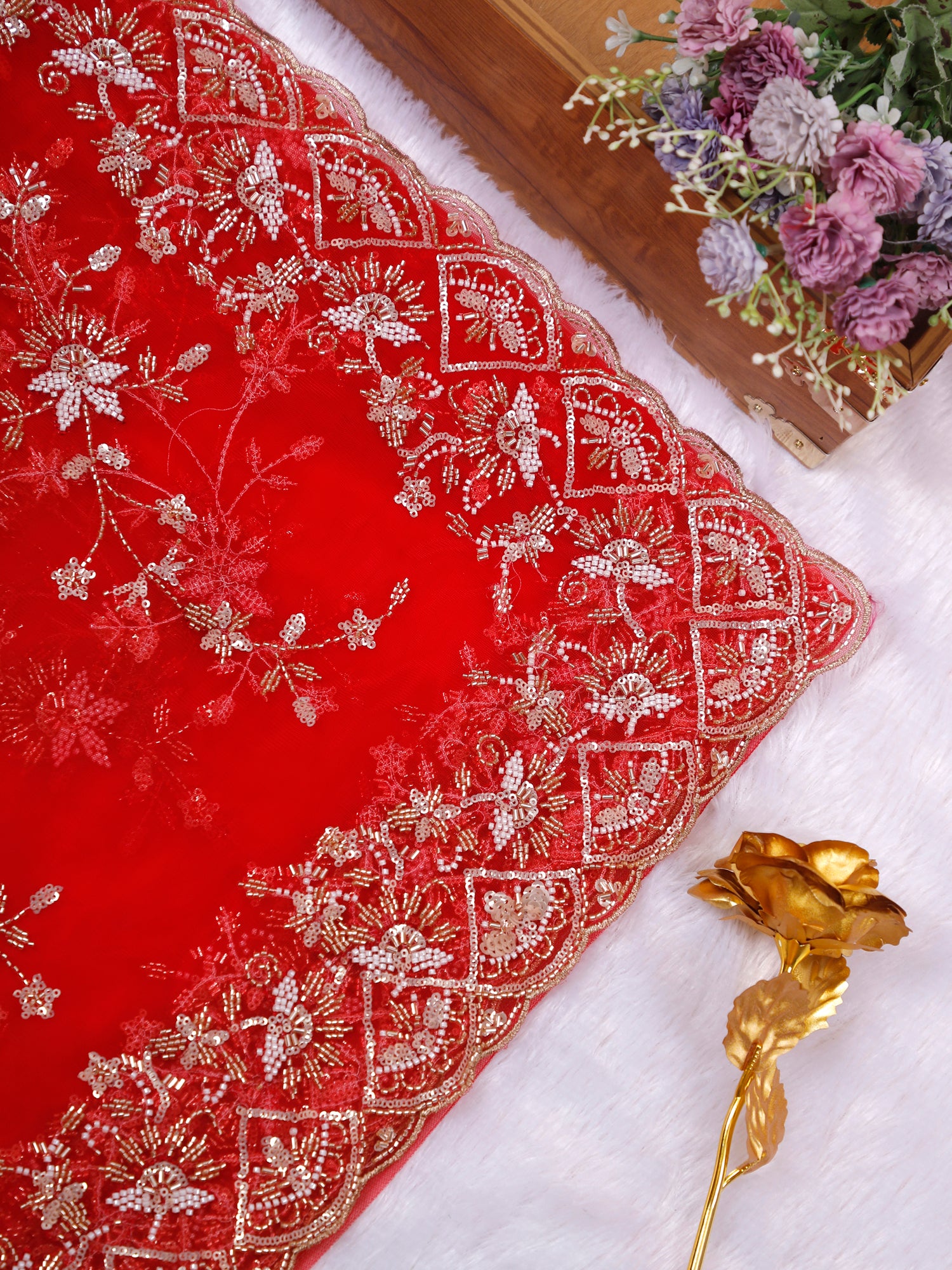 Red Aafreen Crystal Sequin Saree